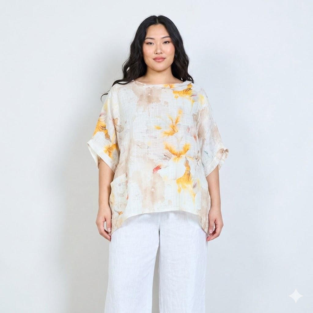 義大利MICHELA MII-米黃色水彩花卉印花棉紗上衣