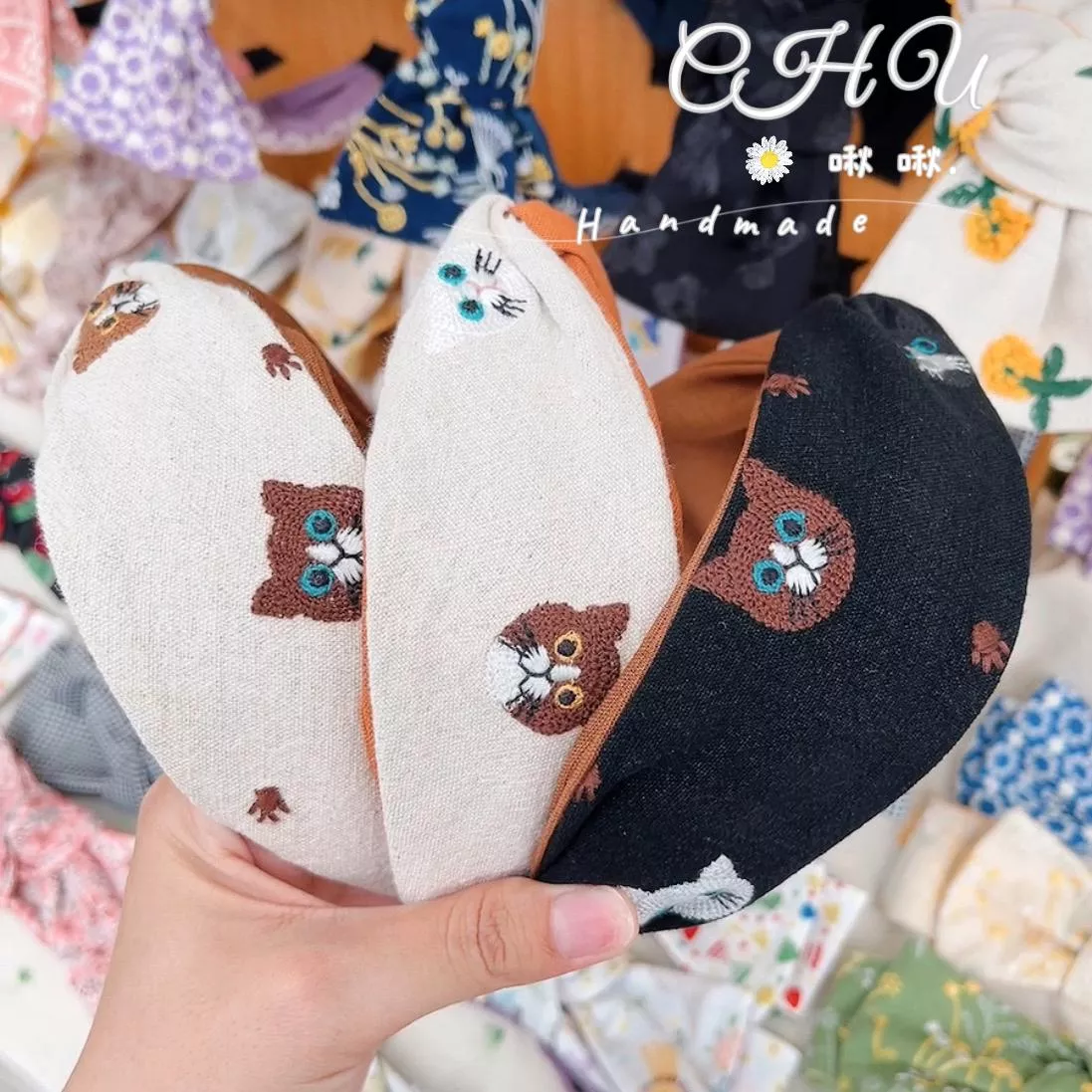 刺繡小喵頭-交叉髮箍