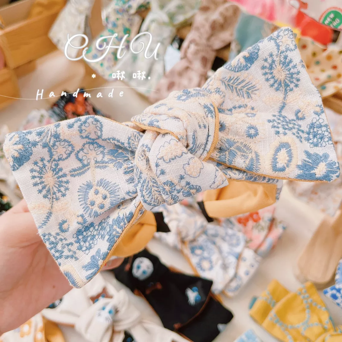 刺繡藍色花朵/蝴蝶結髮箍