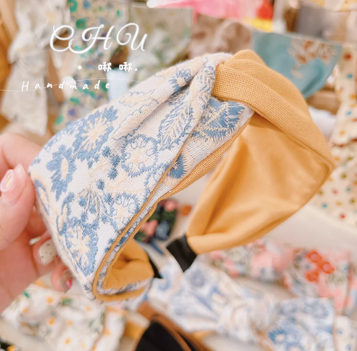 刺繡藍色花朵/交叉髮箍