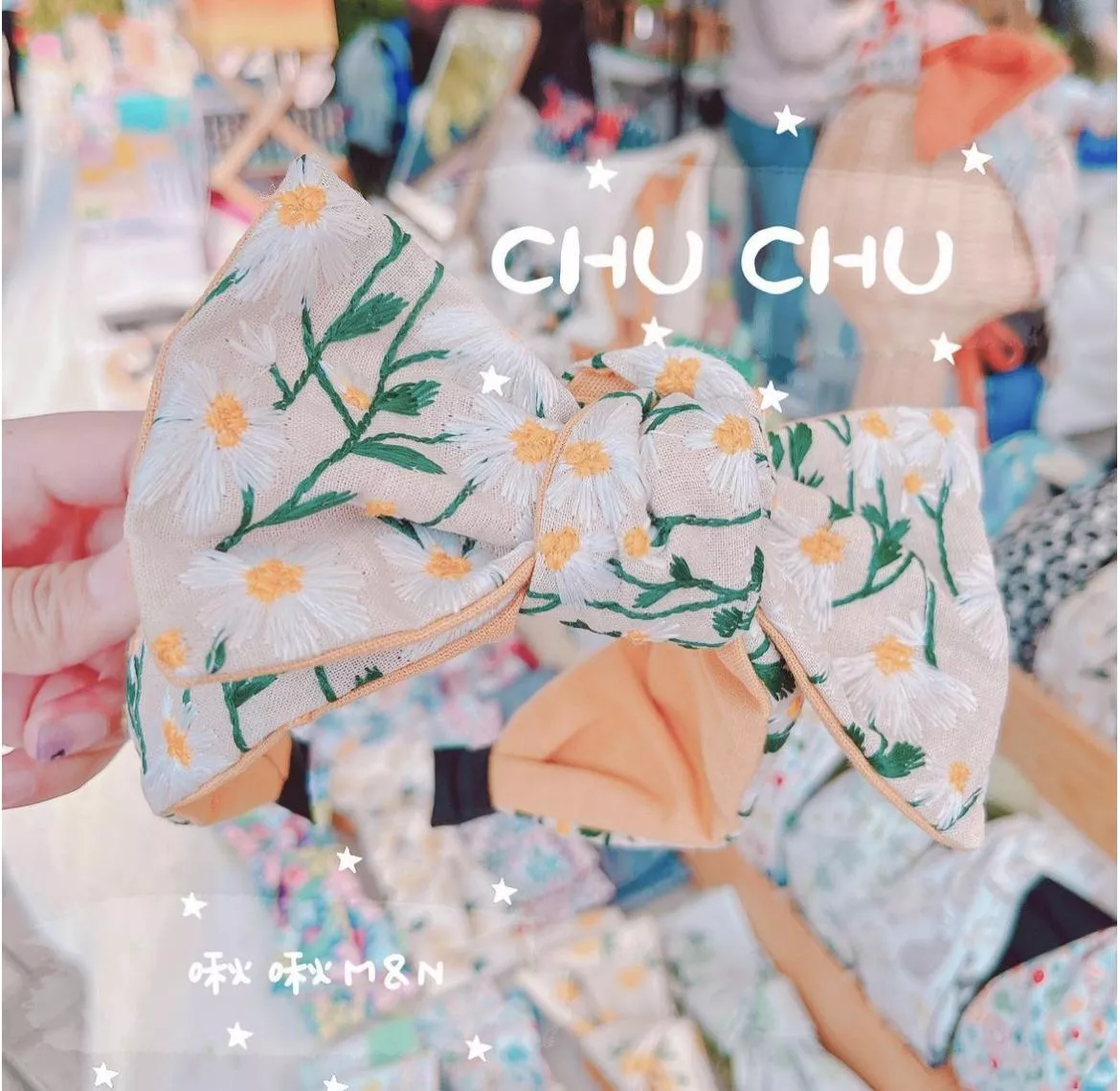 刺繡滿版雛菊花花/蝴蝶結髮箍