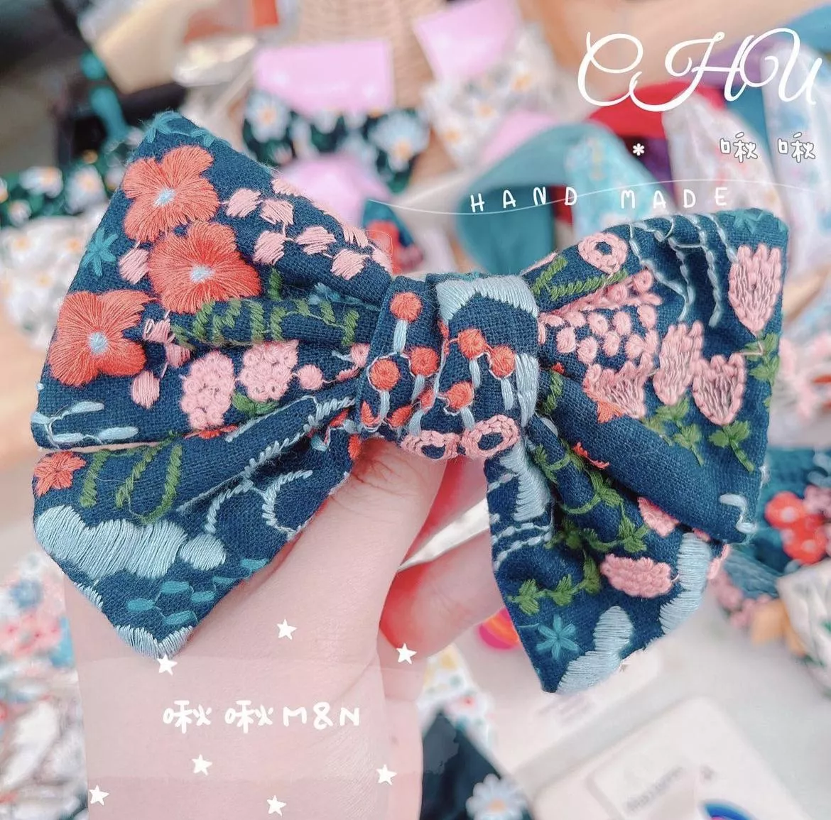 刺繡橘色花花/彈簧髮夾