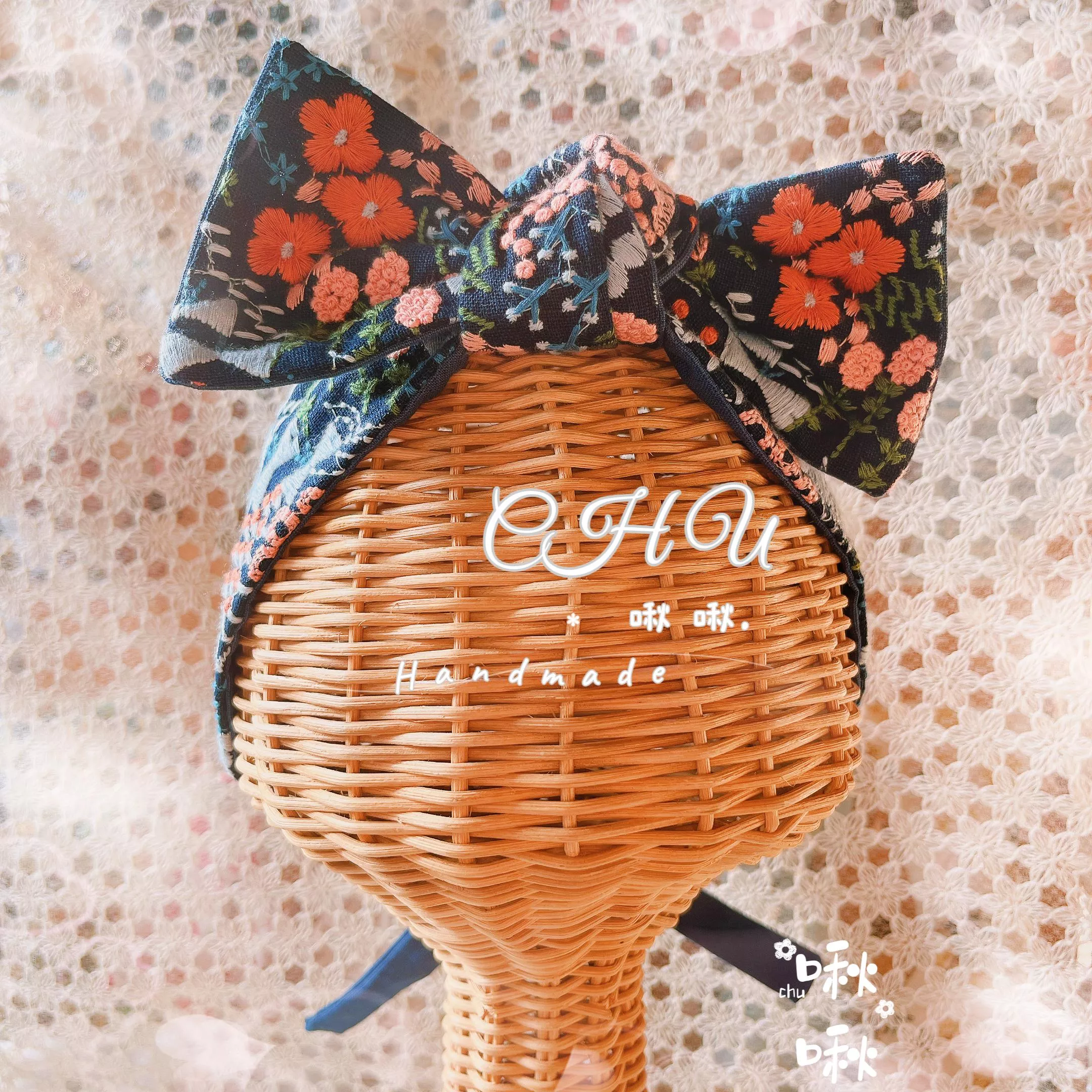 刺繡橘色花花 (深藍色)