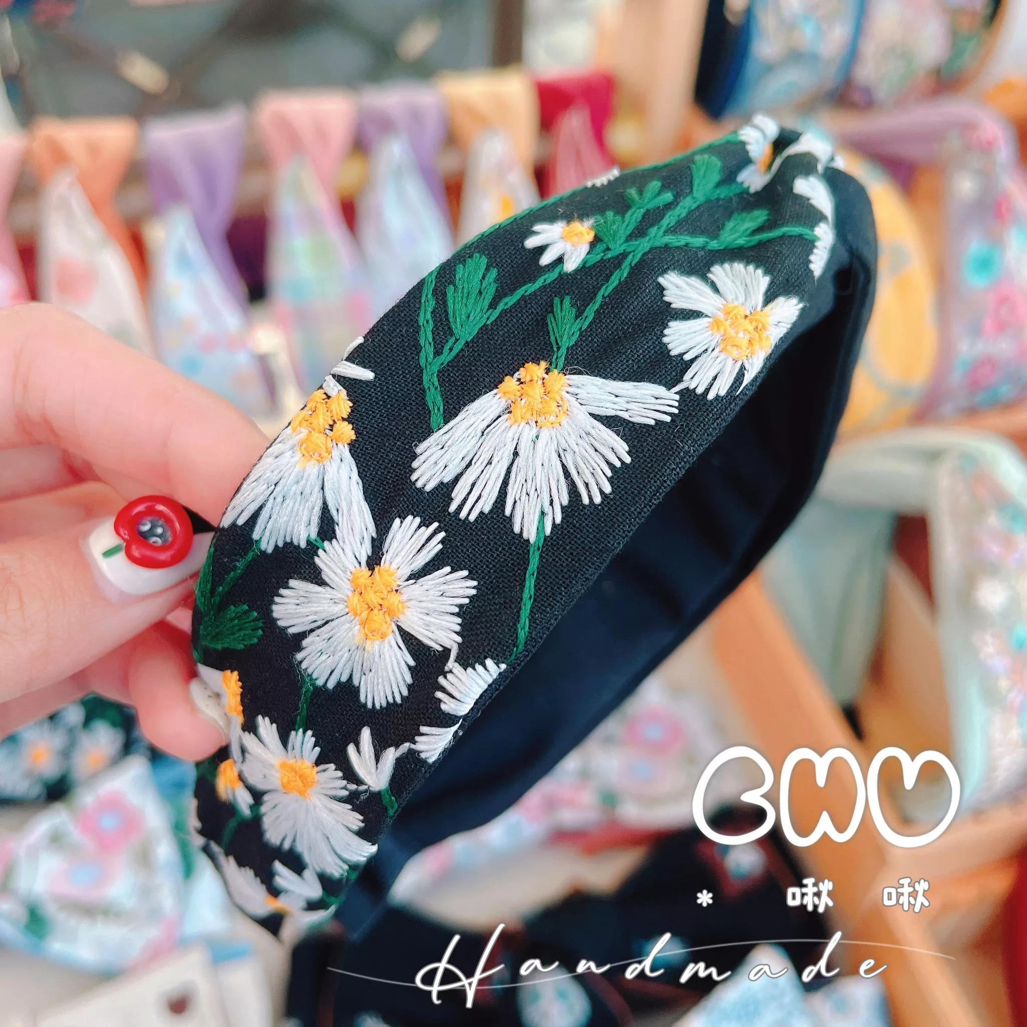 刺繡滿版雛菊🌼 細版交叉髮箍