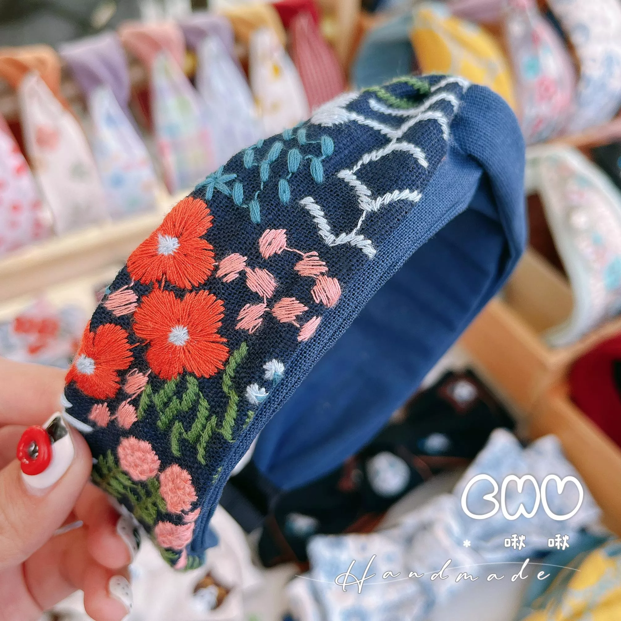 刺繡橘色花花｜深藍色｜細版交叉髮箍