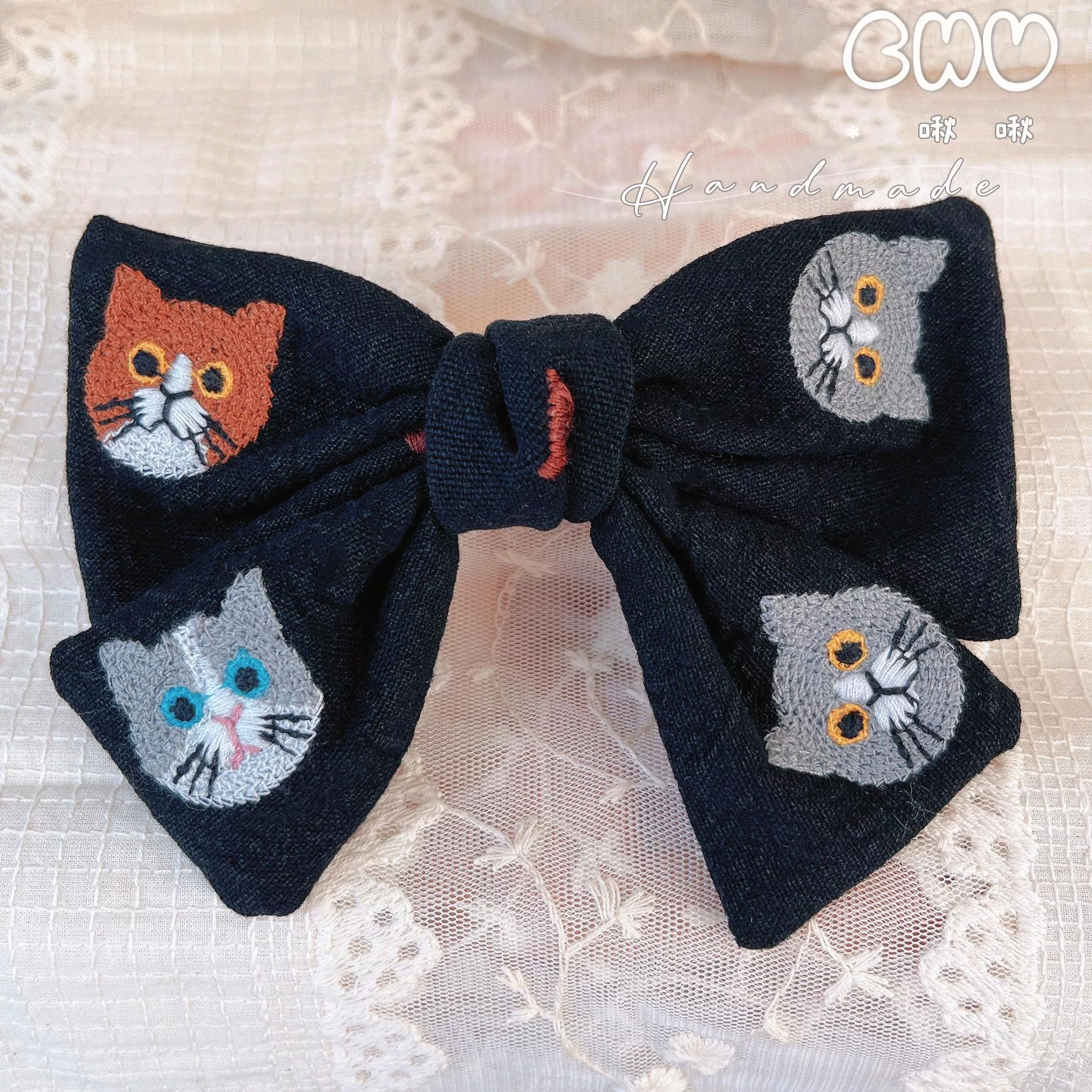 刺繡小喵咪 (黑色)｜啾啾彈簧髮夾