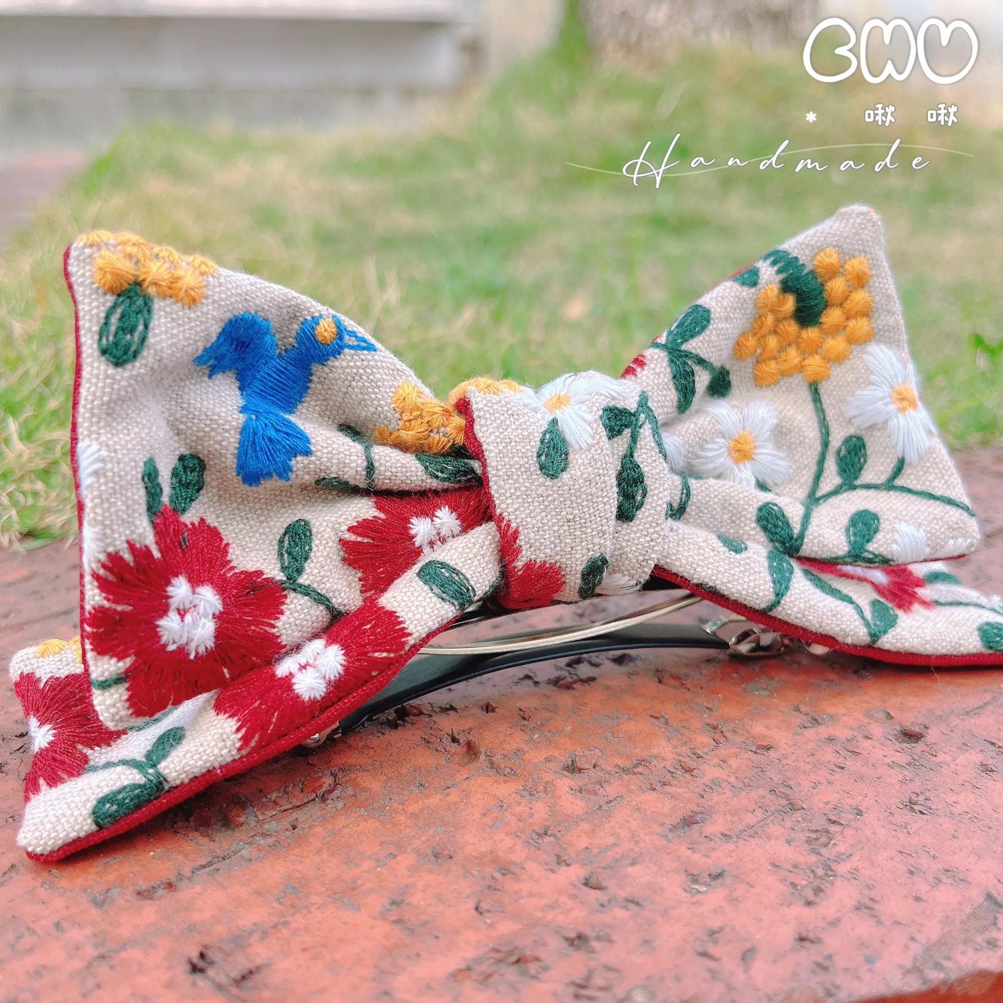 刺繡款｜蜂鳥花園｜立體啾啾彈簧髮夾