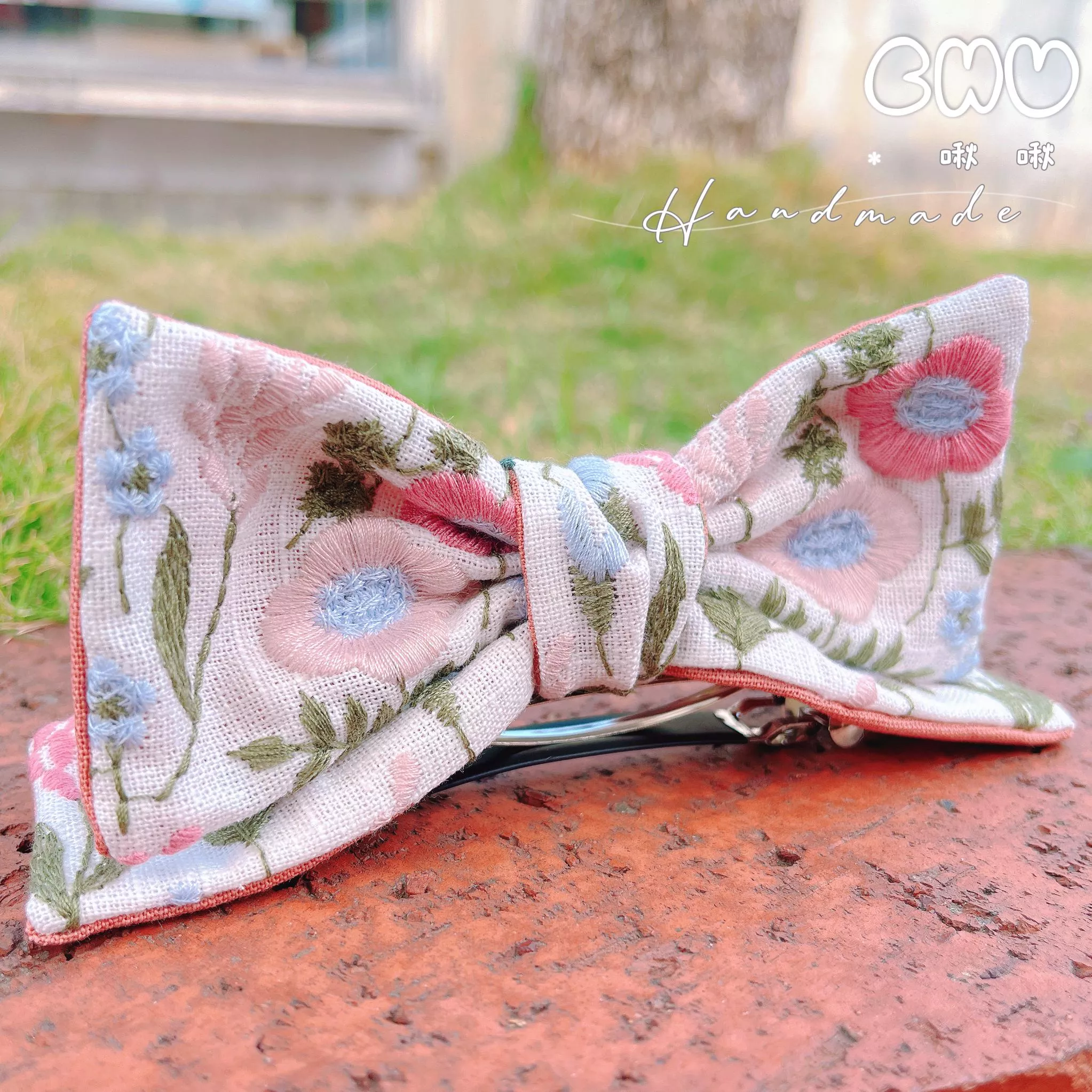 刺繡款｜粉紅花花｜立體啾啾彈簧髮夾