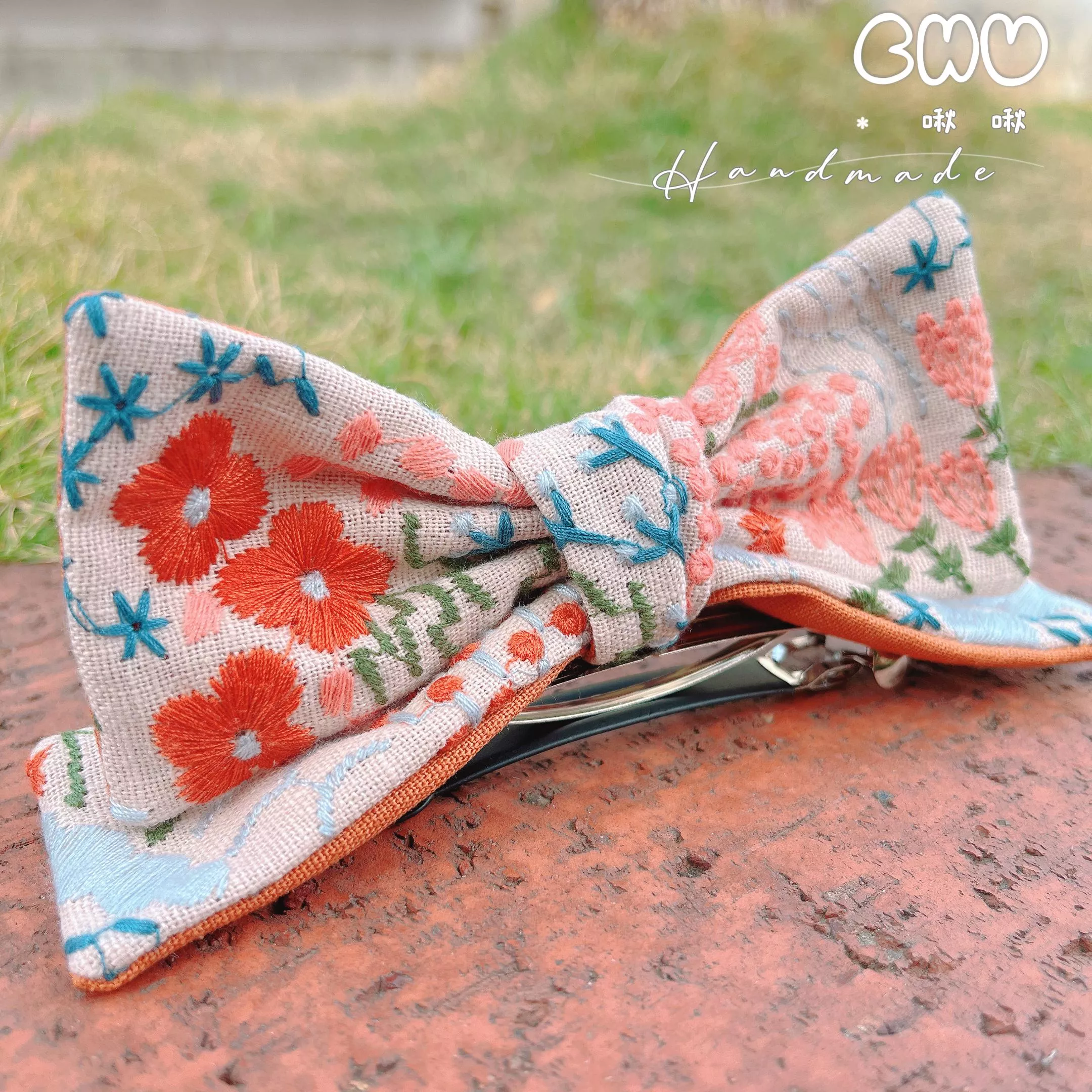 刺繡款｜橘色花花｜立體啾啾彈簧髮夾