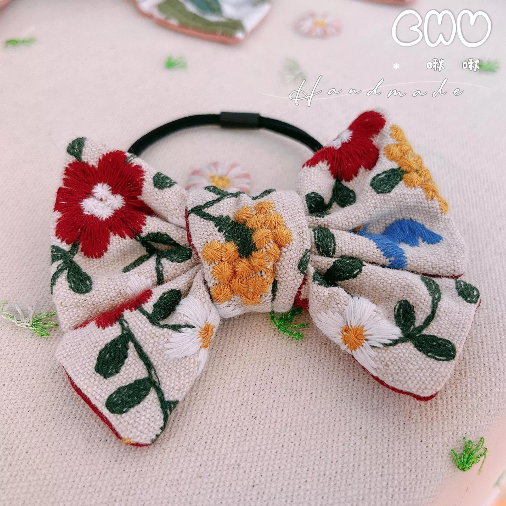 刺繡款｜蜂鳥花園｜蝴蝶結髮圈
