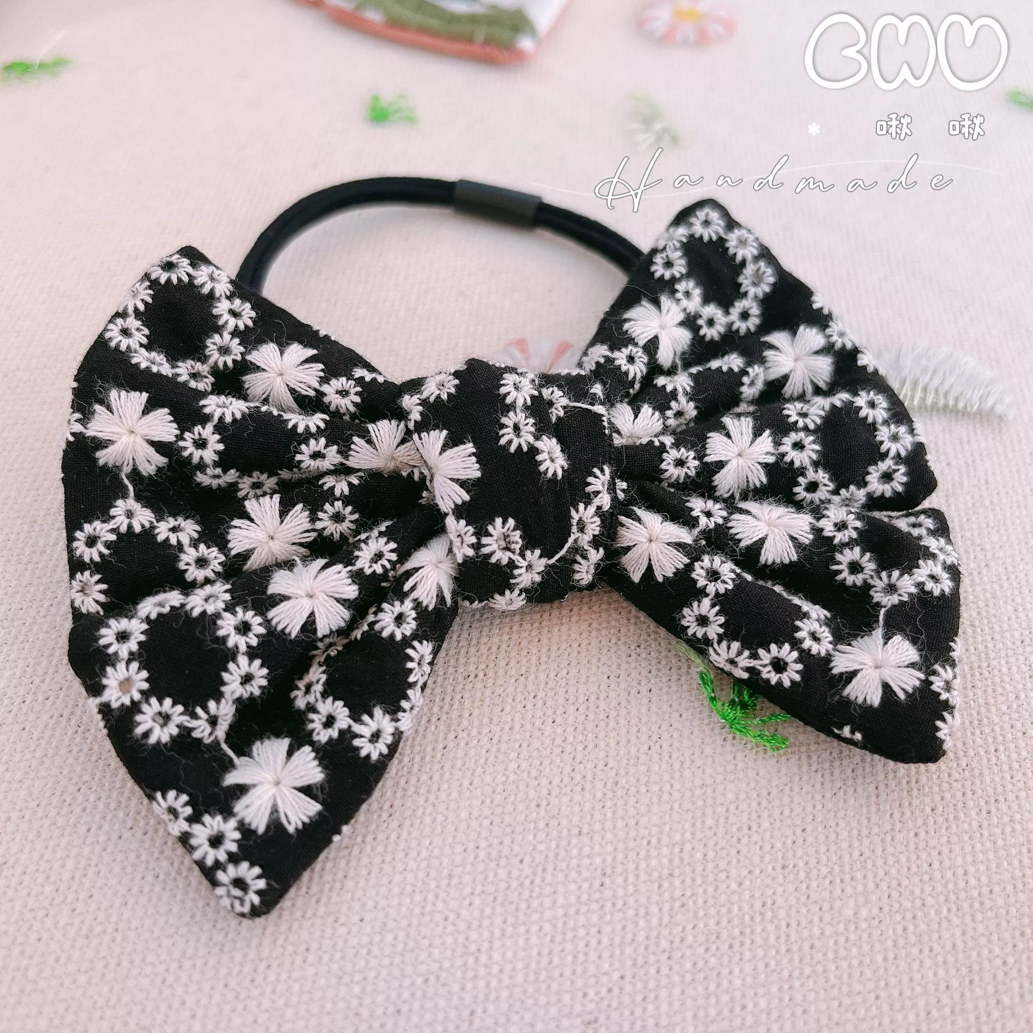 刺繡款｜花圈(黑色)｜蝴蝶結髮圈