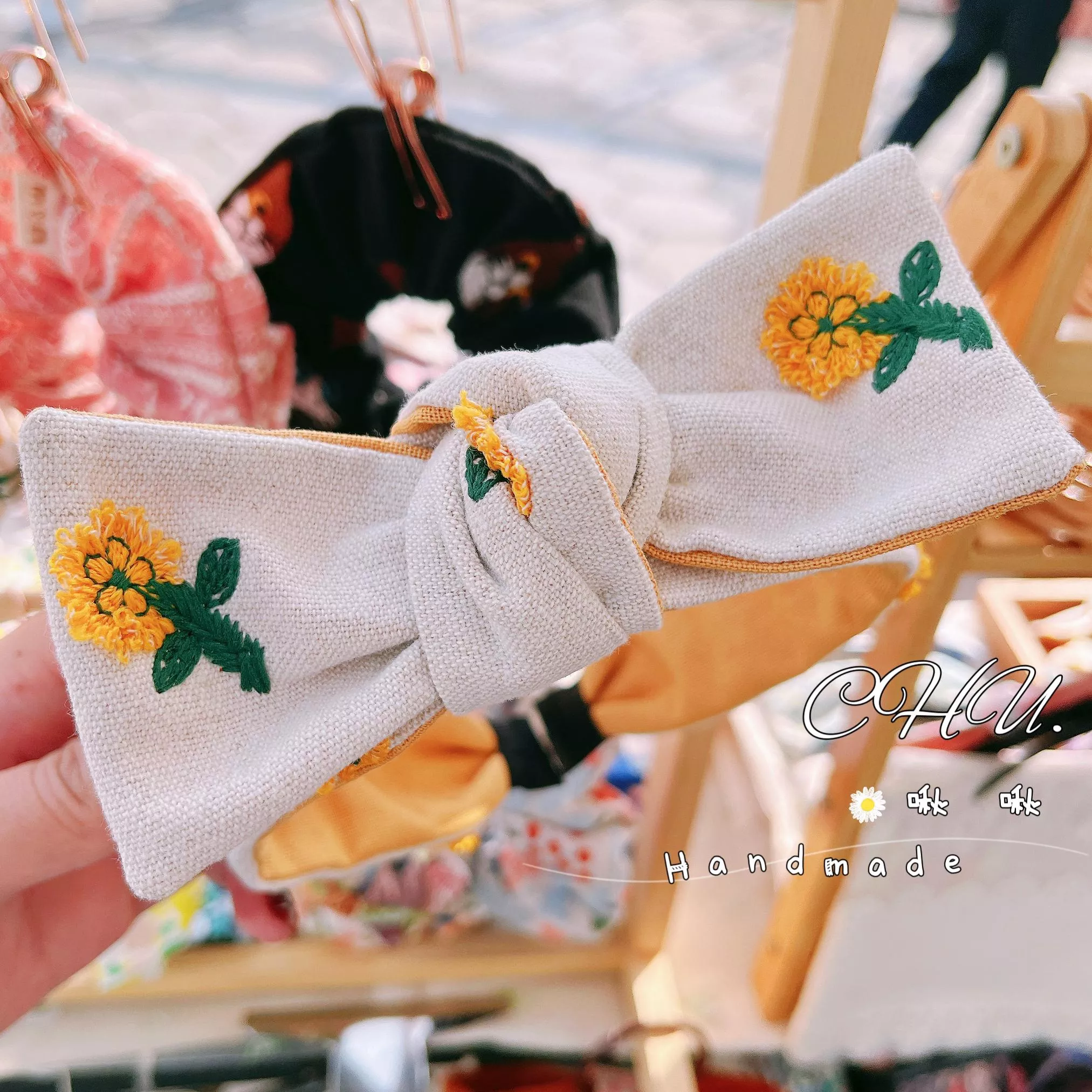 刺繡款｜捲捲奶油花｜細款 蝴蝶結髮箍