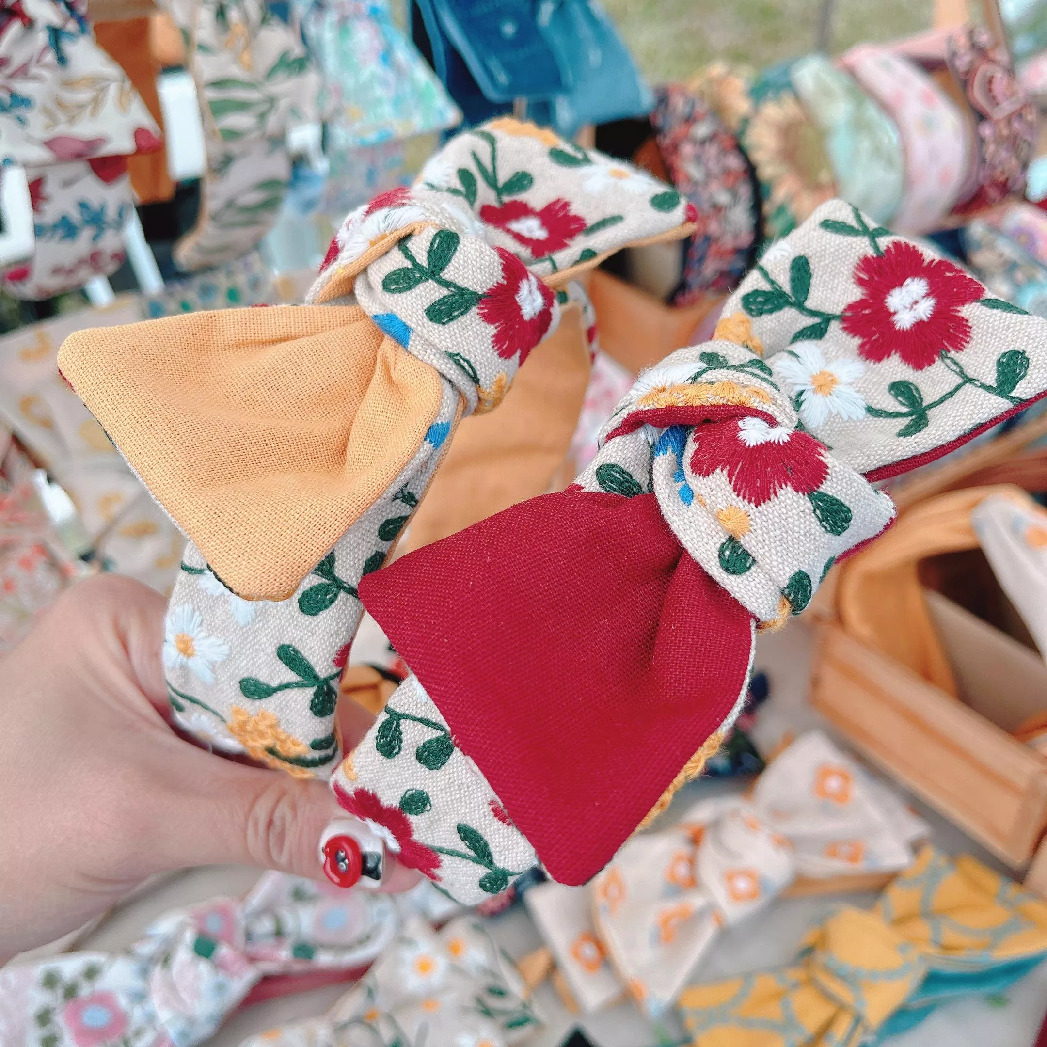 刺繡款｜蜂鳥花園｜細款 蝴蝶結髮箍
