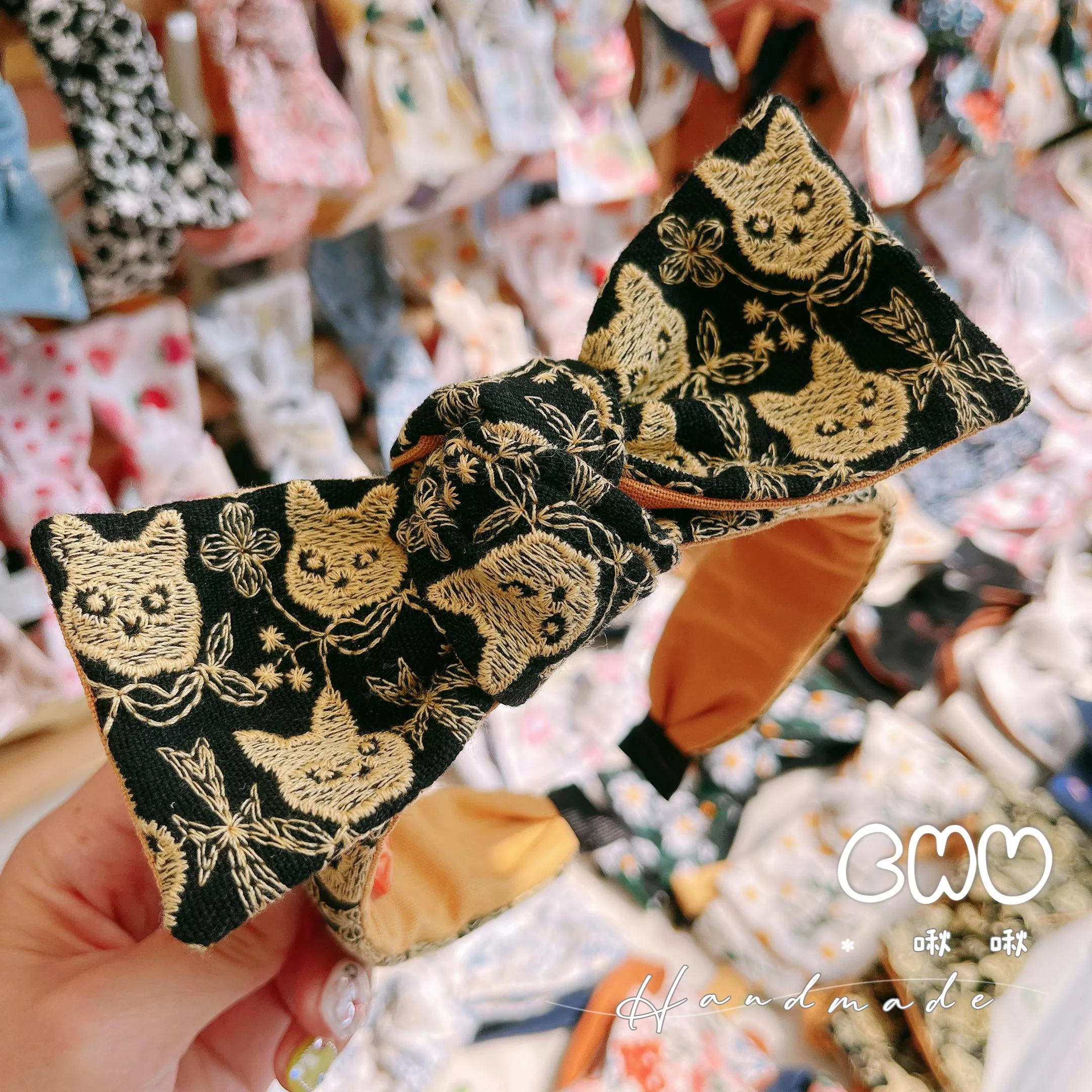 刺繡款｜金色喵喵｜細款 蝴蝶結髮箍