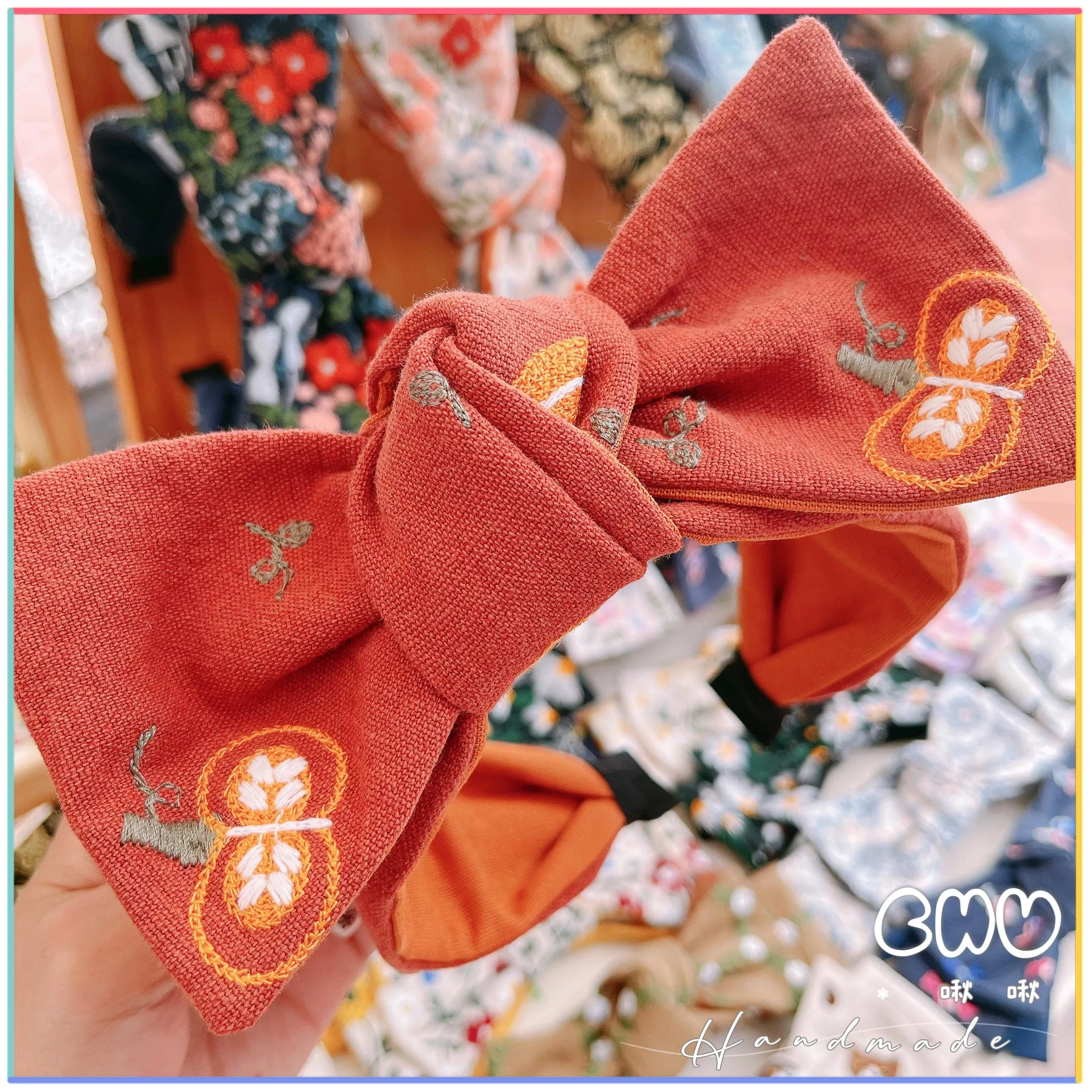 刺繡款｜橘紅色🎃南瓜｜寬版 蝴蝶結髮箍
