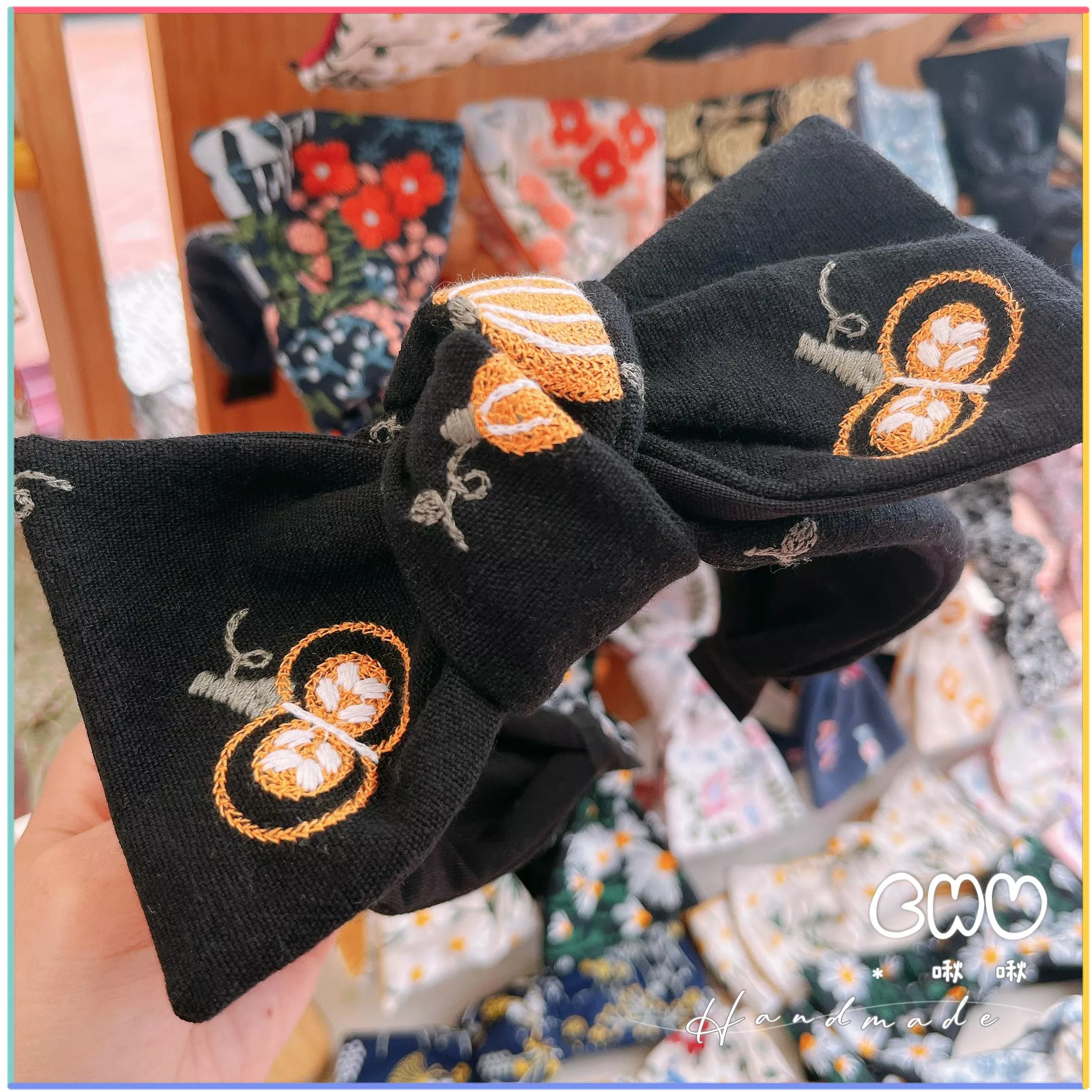 刺繡款｜黑色 🎃 南瓜｜寬版 蝴蝶結髮箍