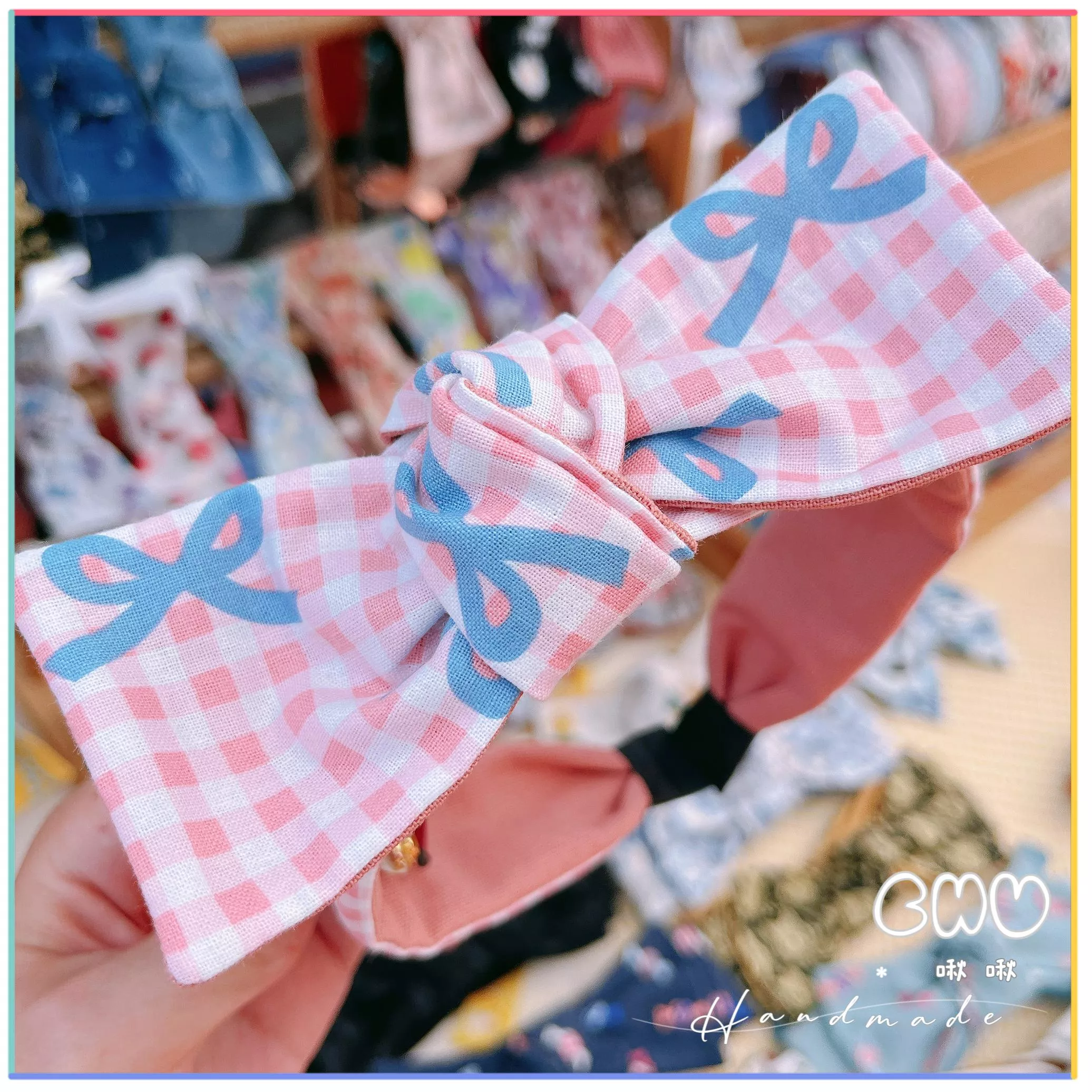 粉紅格子🎀｜細款 蝴蝶結 髮箍