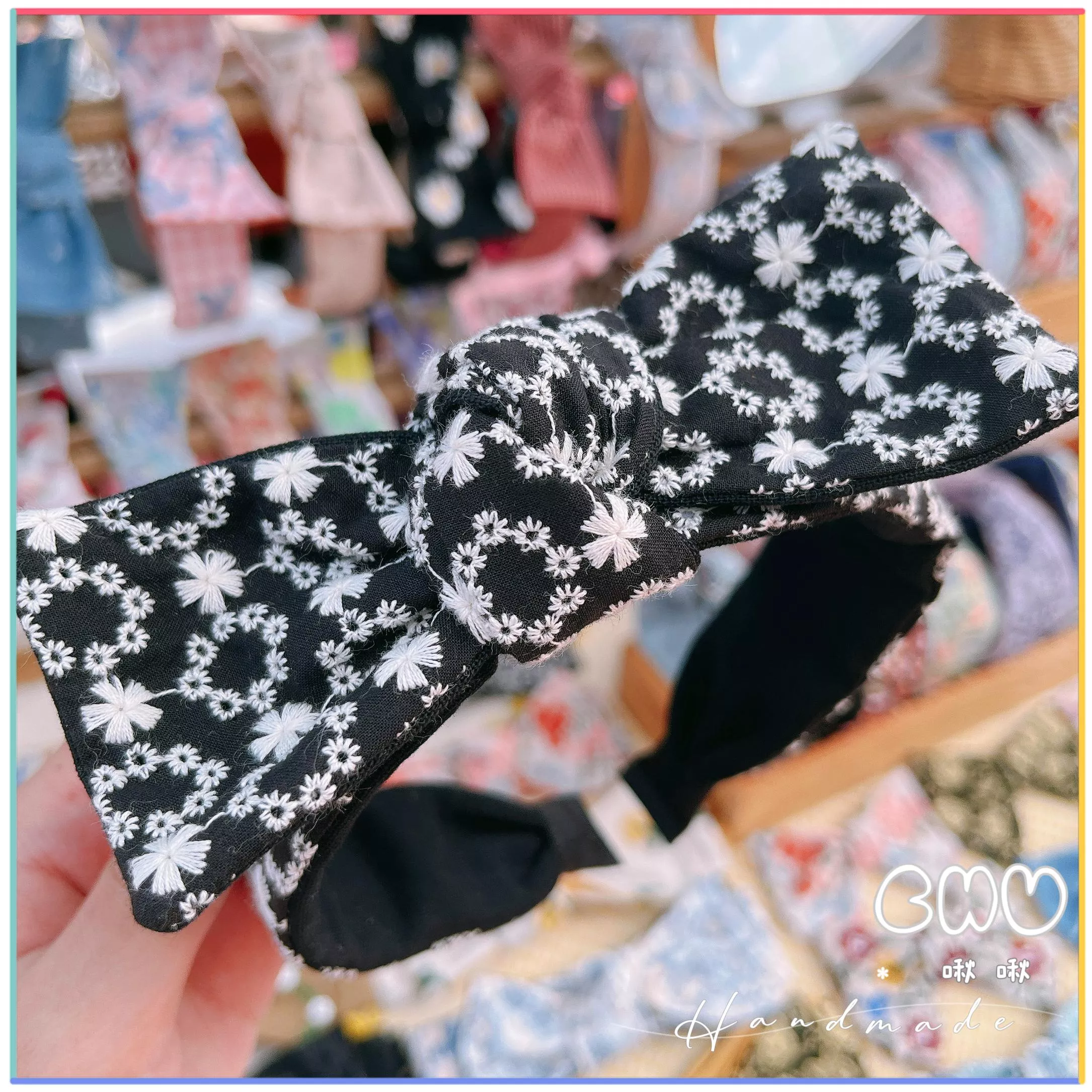 刺繡款｜花圈(黑色)｜細款 蝴蝶結 髮箍