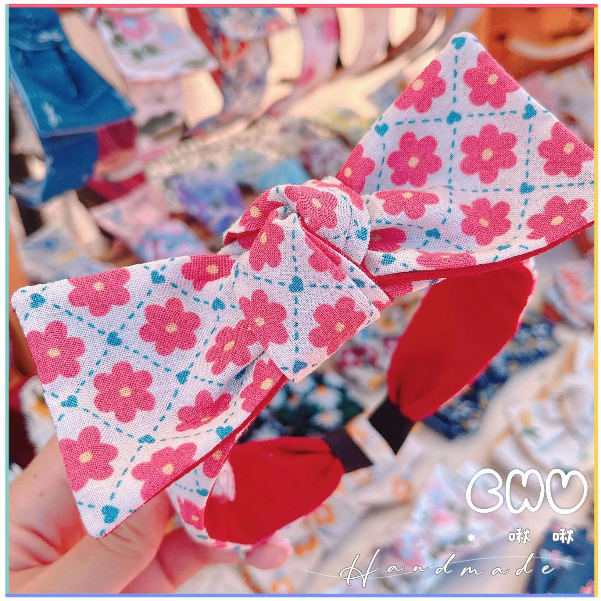 桃色小花｜細版 蝴蝶結 髮箍