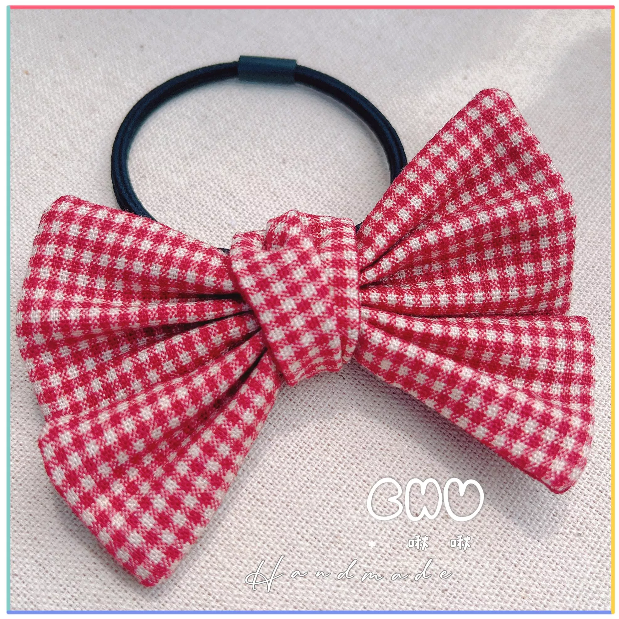 紅色小格紋｜蝴蝶結髮圈