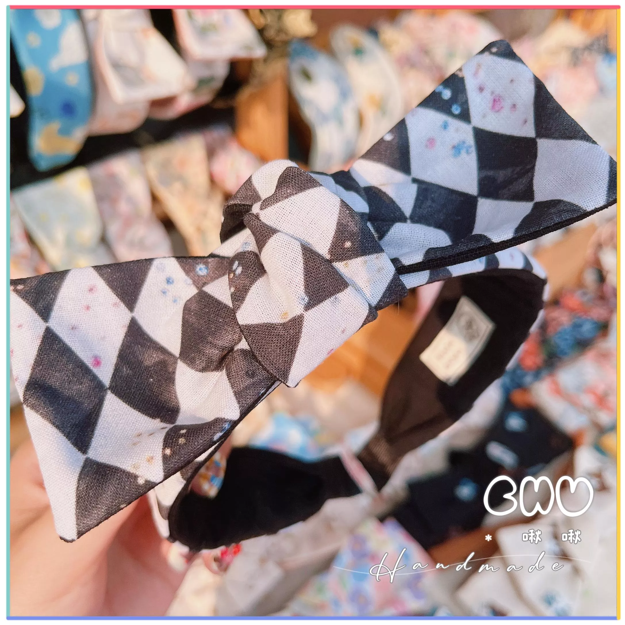 黑白💠菱格｜細款 蝴蝶結 髮箍