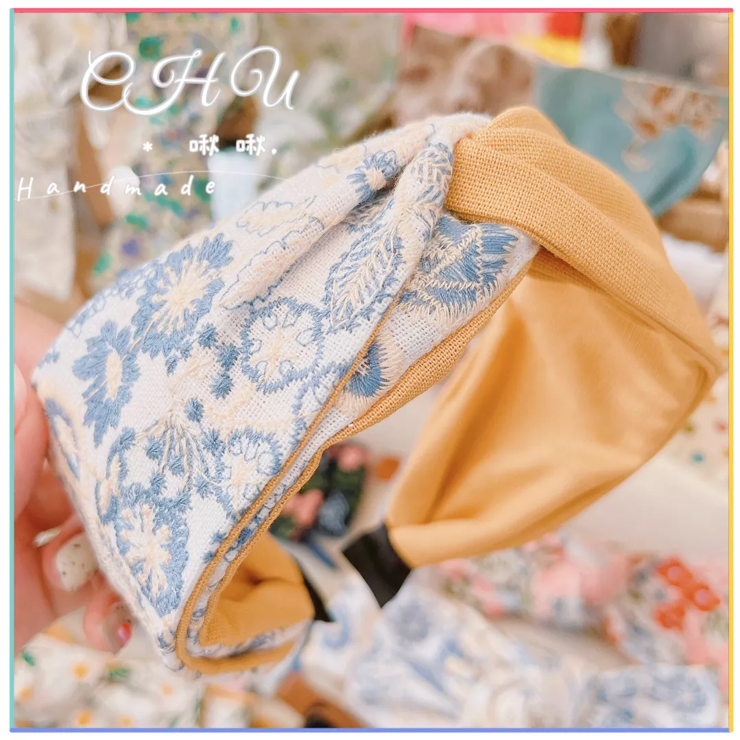 刺繡藍色花朵/交叉髮箍