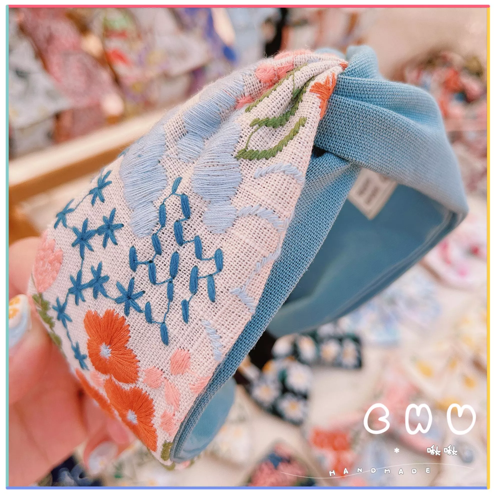 刺繡款｜橘色花花(湖水藍)｜寬版 交叉髮箍