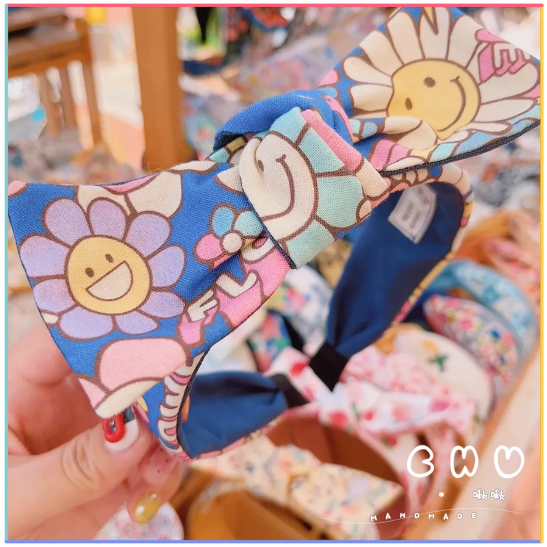 微笑花朵(藍色) ✿｜細版 蝴蝶結 髮箍