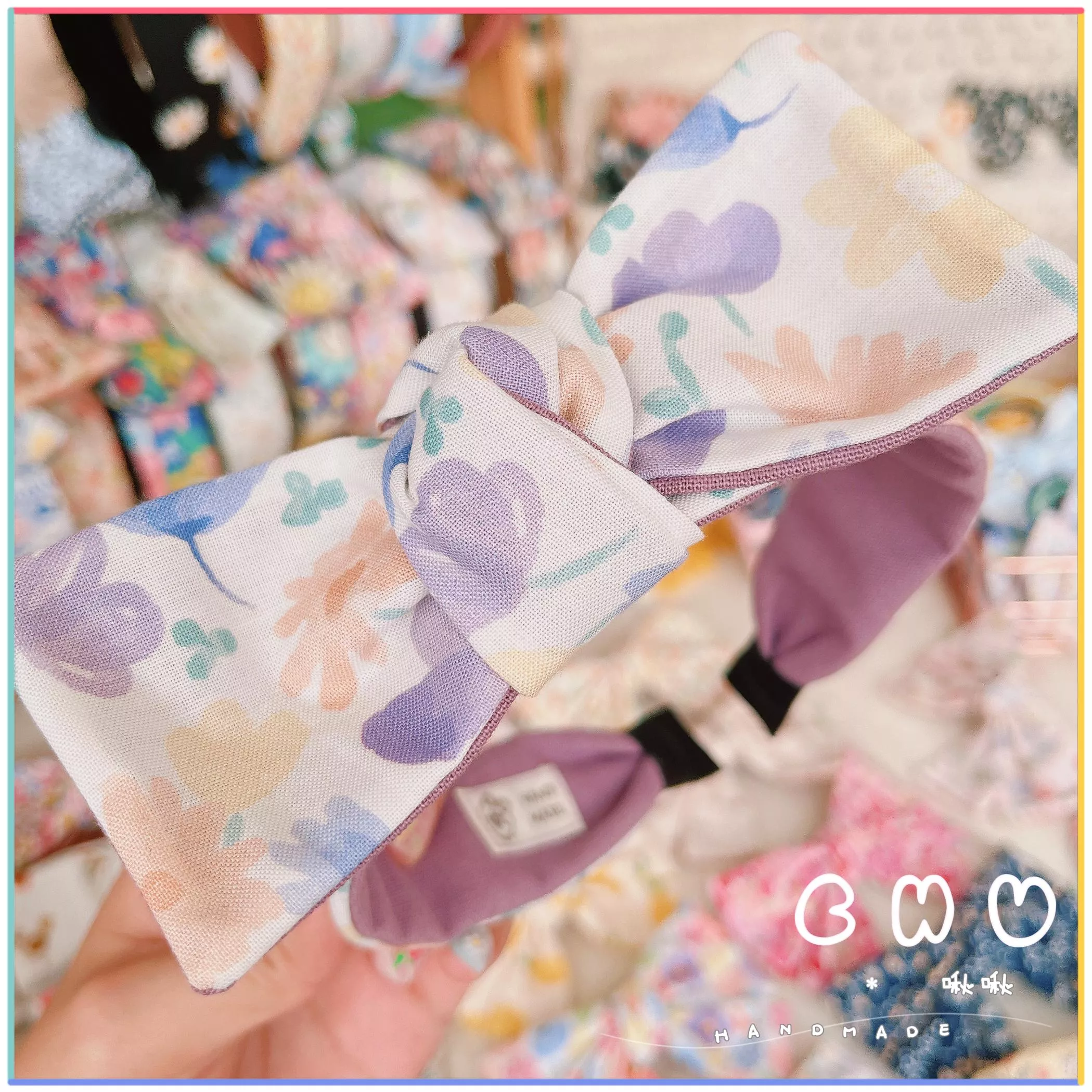 水彩 紫色花朵｜細版 蝴蝶結 髮箍