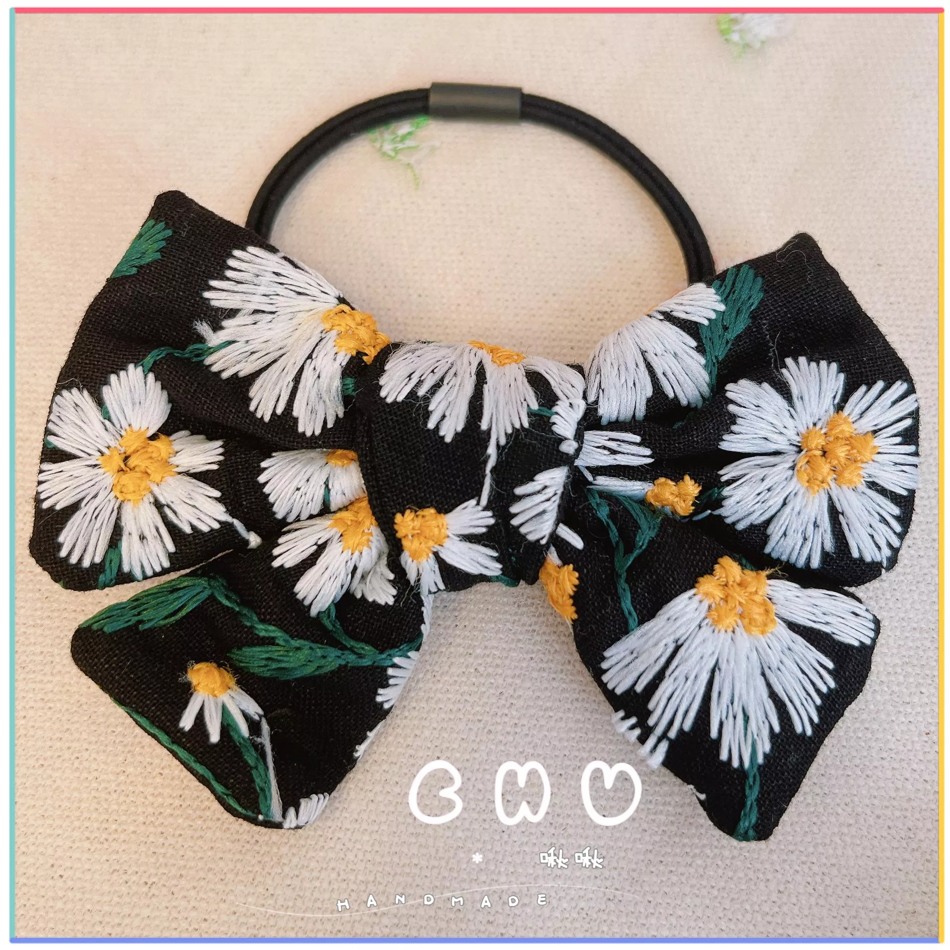 刺繡款｜滿版雛菊🌼 (黑色)｜綁綁小髮圈