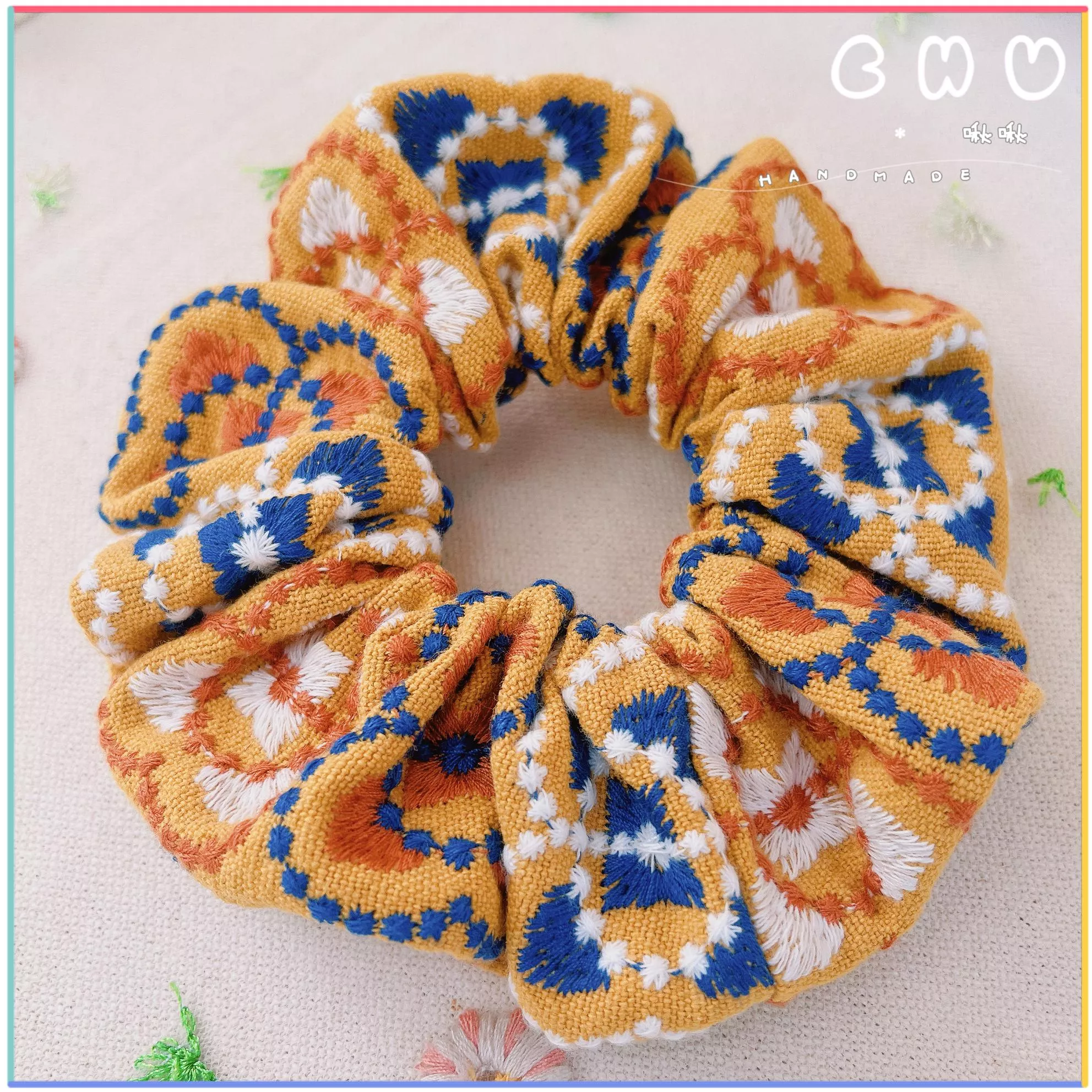 刺繡款｜花磚 (黃色)｜大腸圈圈