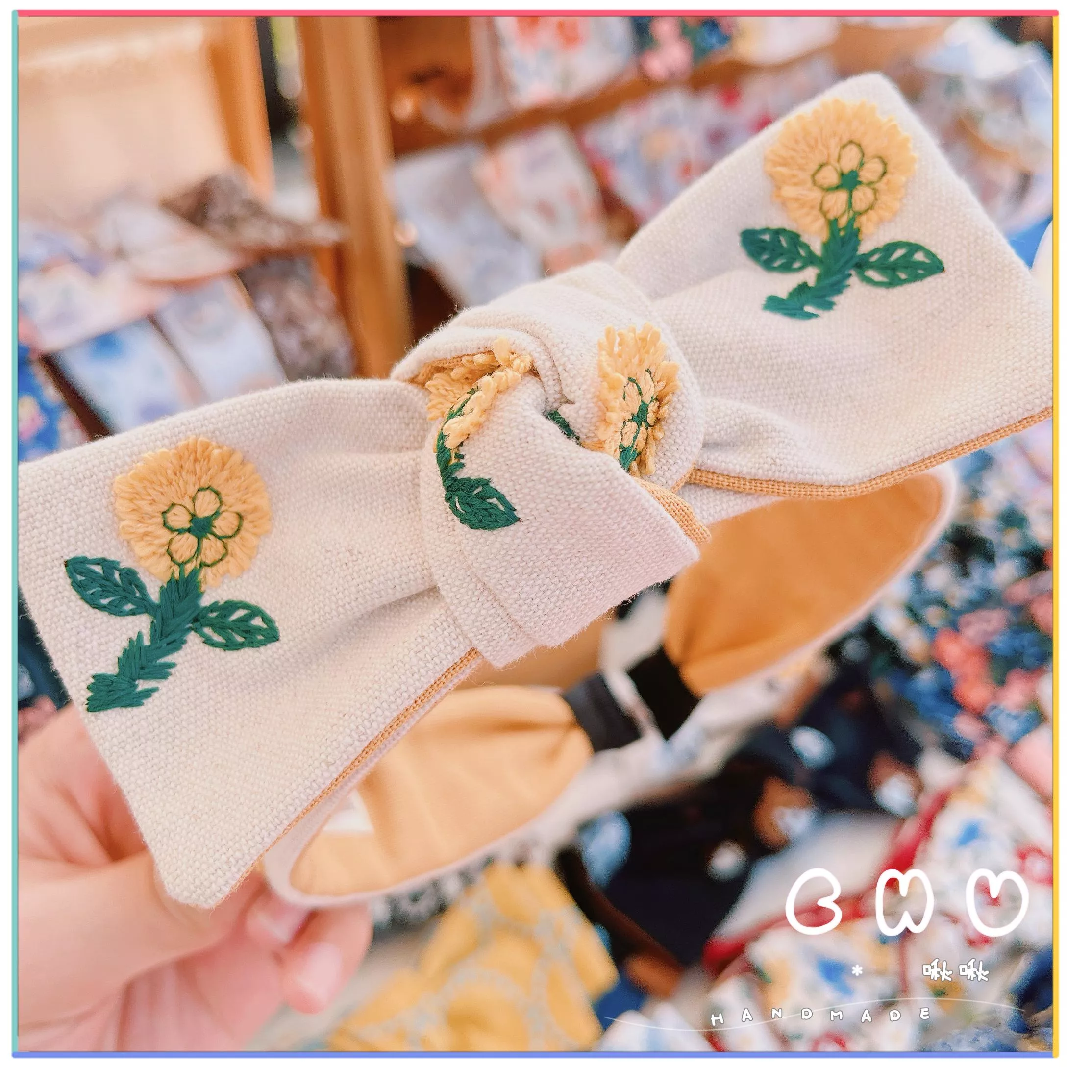 刺繡款｜立體-奶油小捲花｜細版 蝴蝶結 髮箍