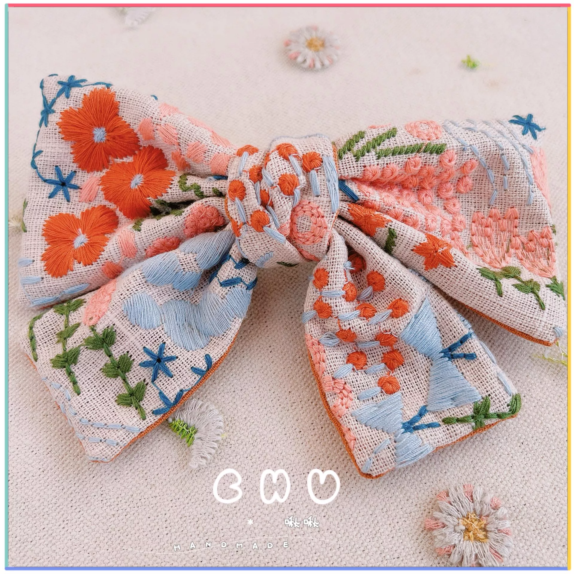 刺繡款｜橘色花花(米色)｜彈簧髮夾