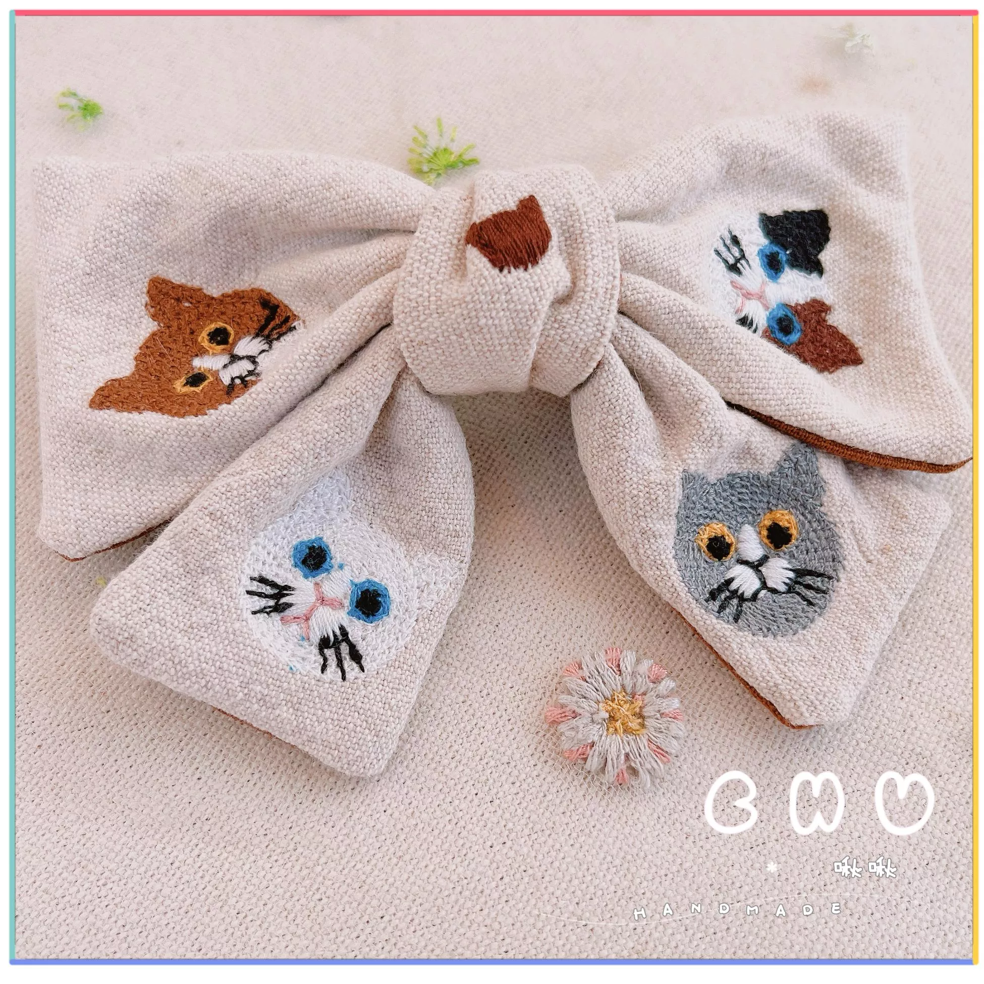 刺繡款｜小喵咪 (米白色) ｜啾啾彈簧髮夾