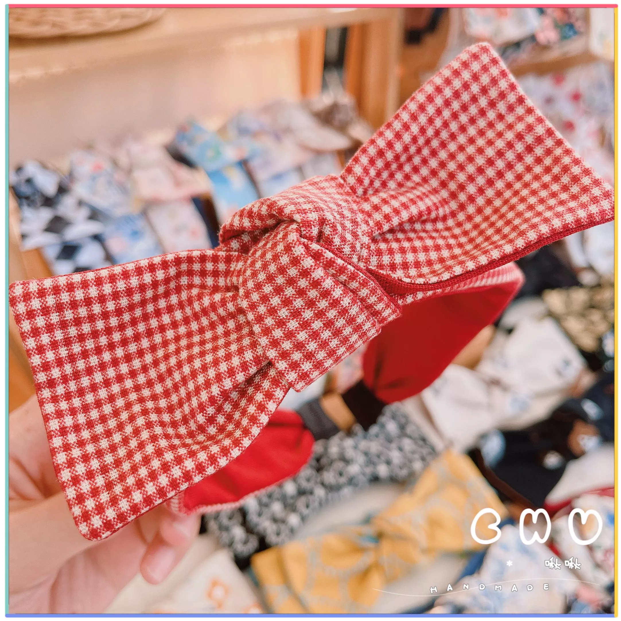 紅色格子｜細版 蝴蝶結髮箍