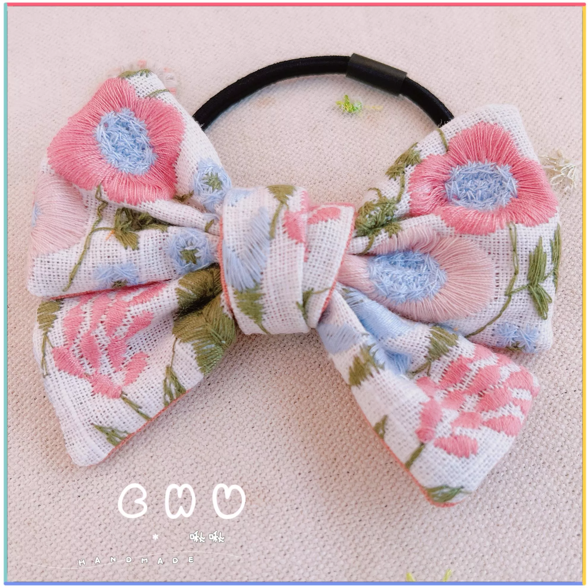 刺繡款｜粉紅花朵｜綁綁小髮圈