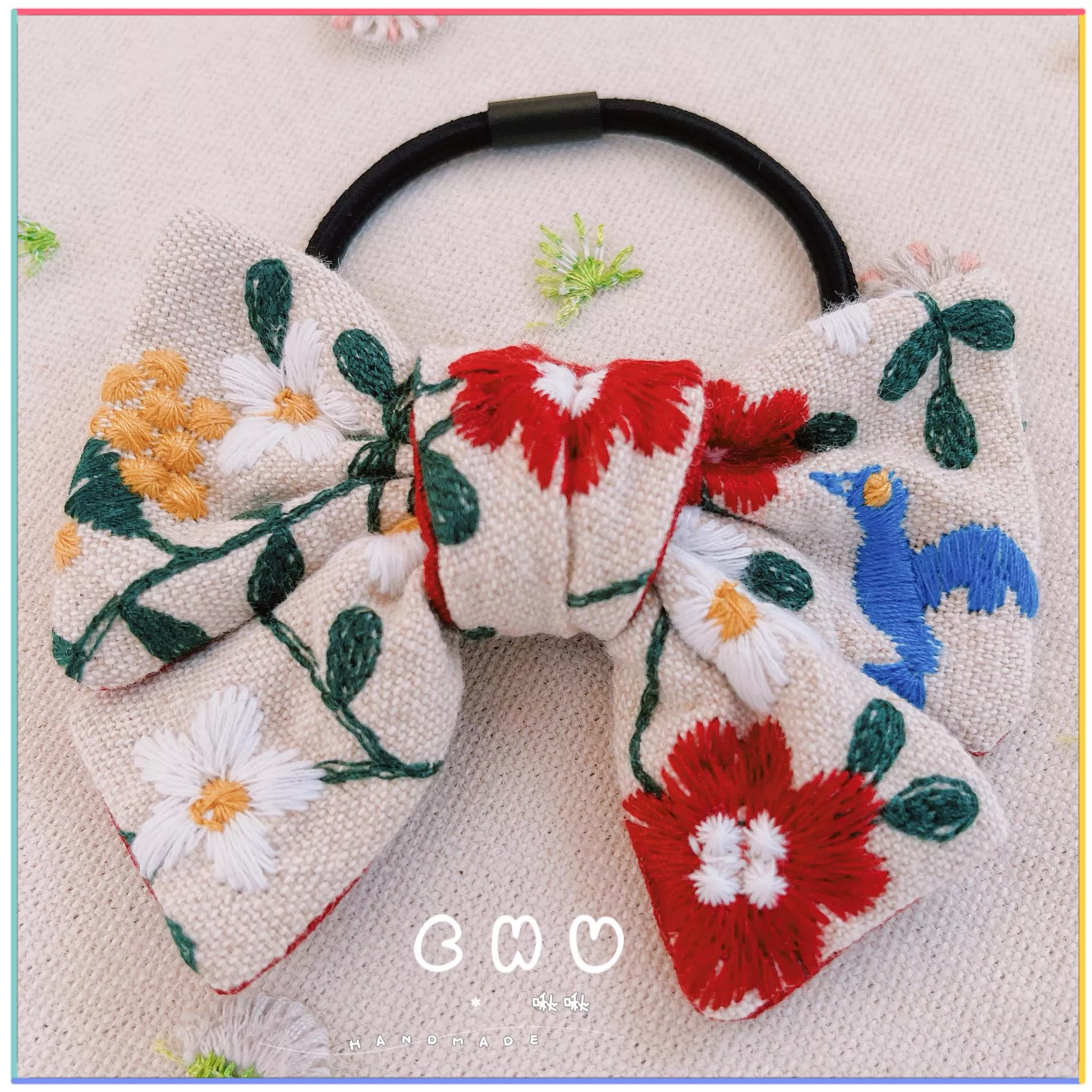 刺繡款｜蜂鳥花園｜綁綁小髮圈