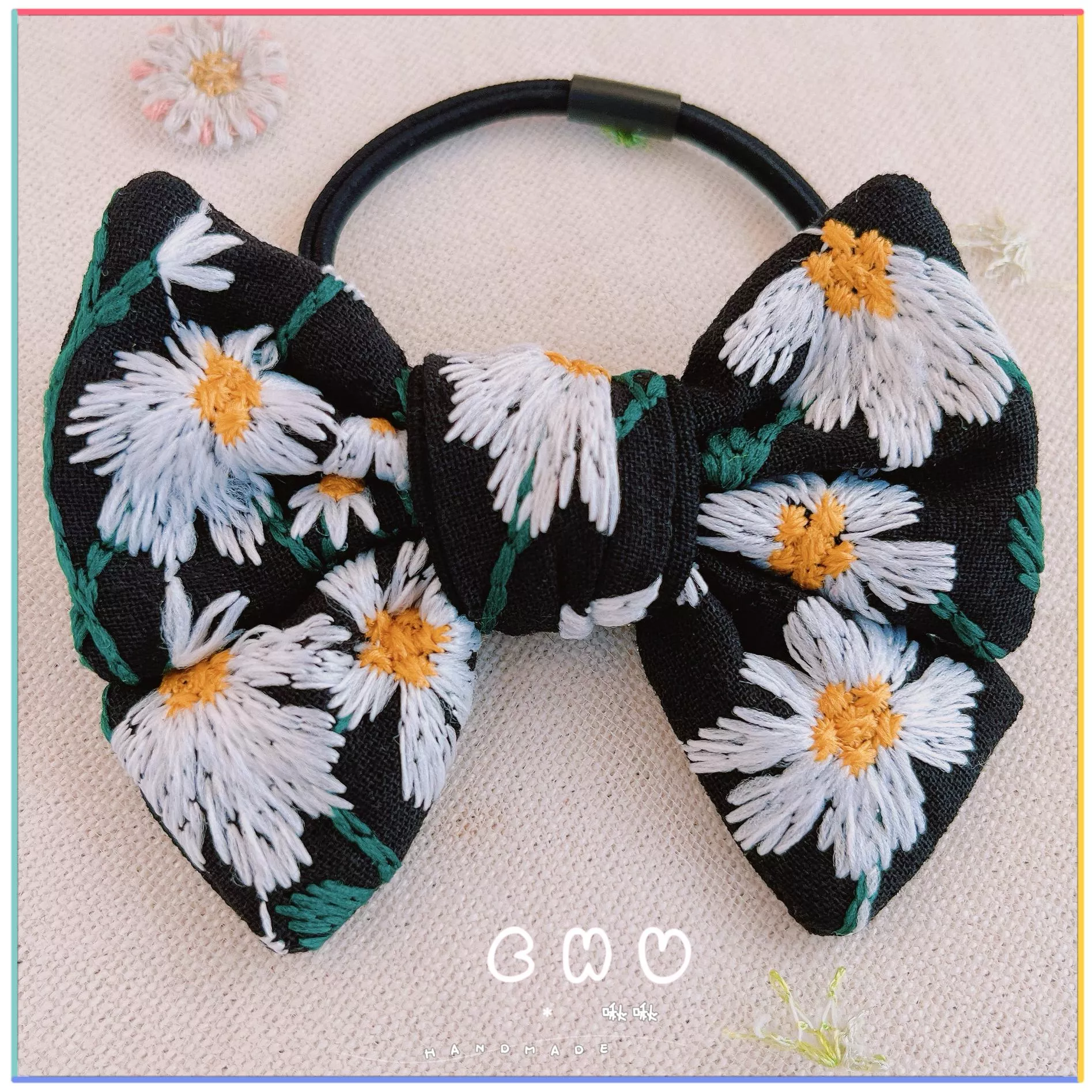 刺繡款｜滿版雛菊🌼(黑色)｜綁綁 小髮圈