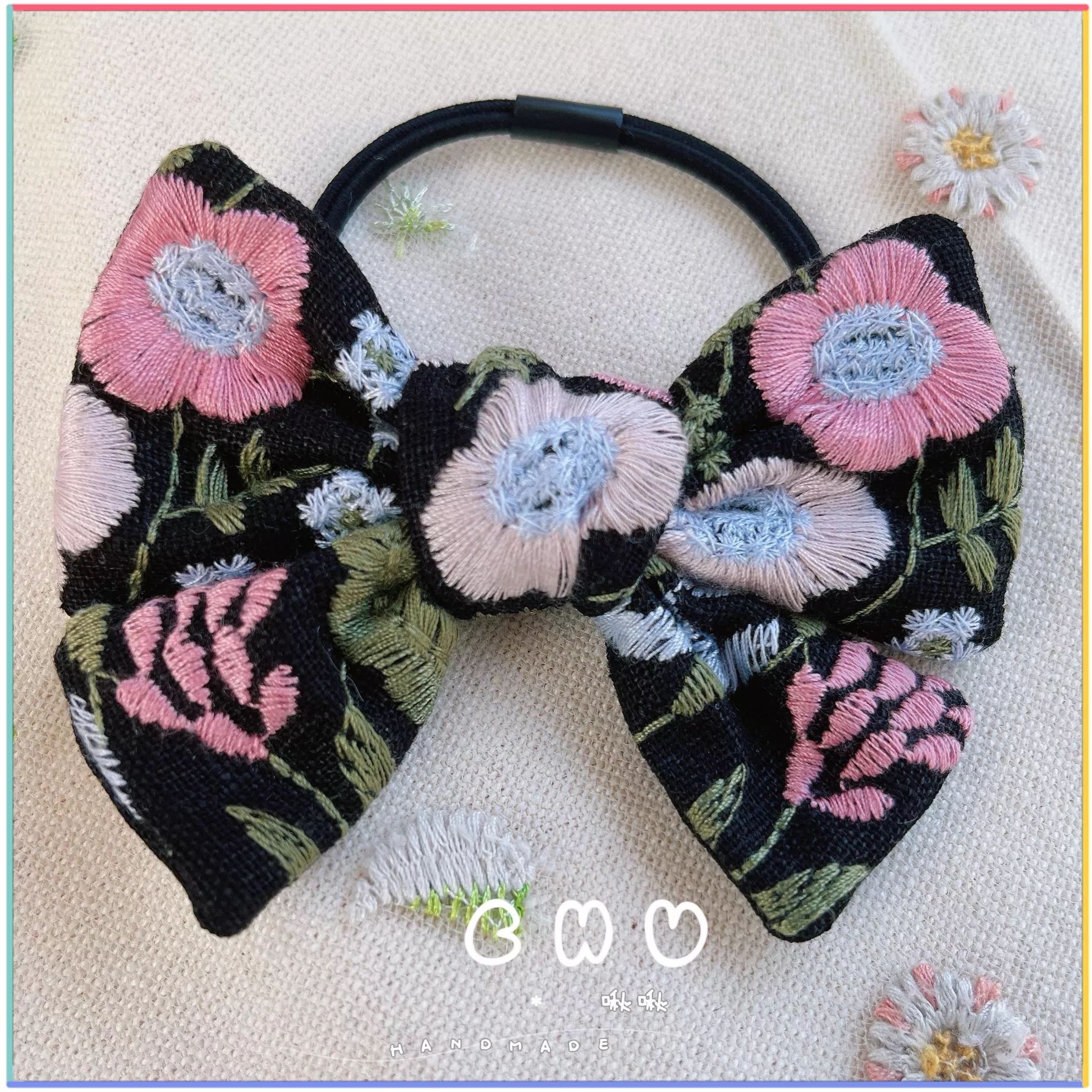 刺繡款｜粉紅花朵(黑色)｜綁綁 小髮圈