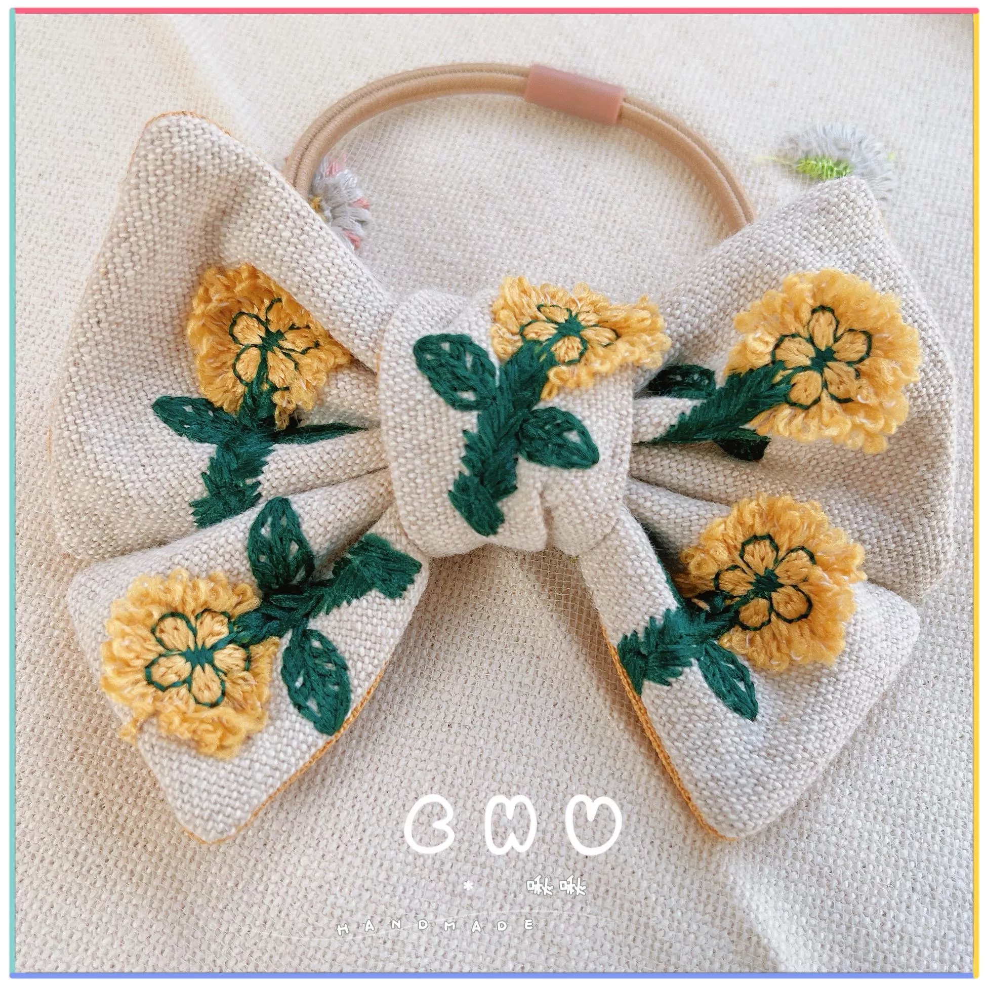 刺繡款｜立體 捲捲小黃花🌼｜綁綁 小髮圈