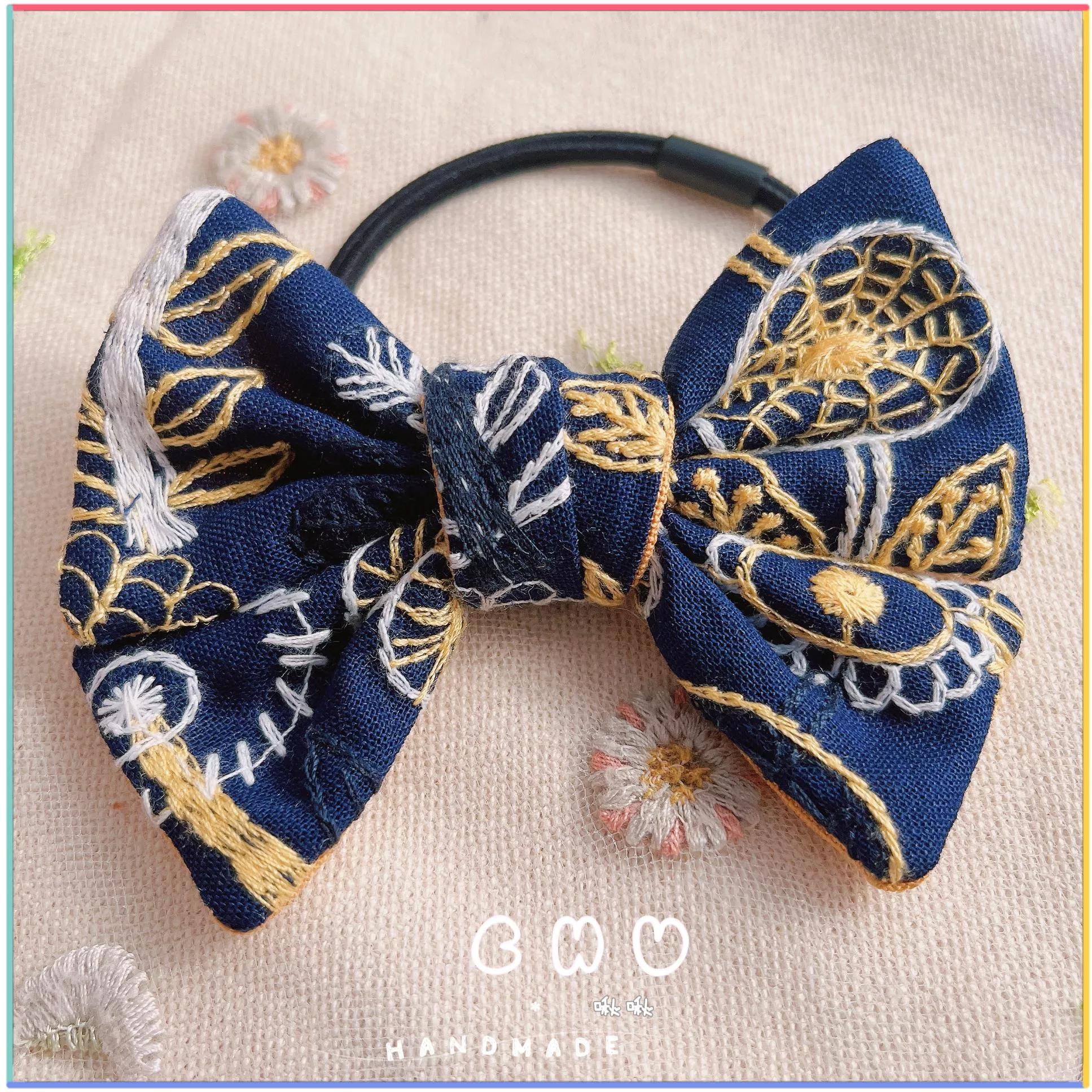 刺繡款｜深藍色-花｜綁綁 小髮圈
