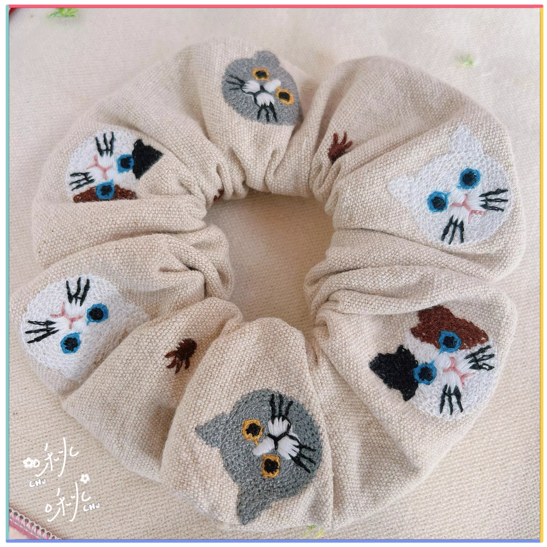 刺繡款｜貓貓 (米白色)｜大腸圈圈