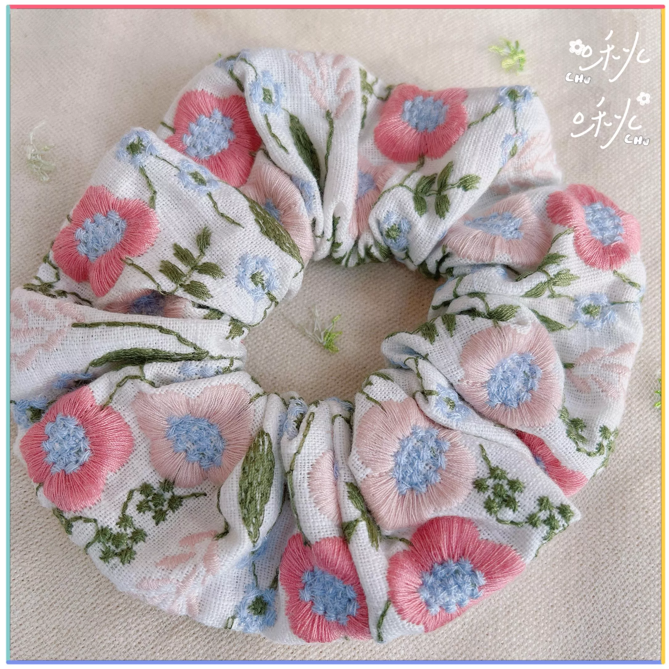 刺繡款｜粉紅花花｜大腸圈圈