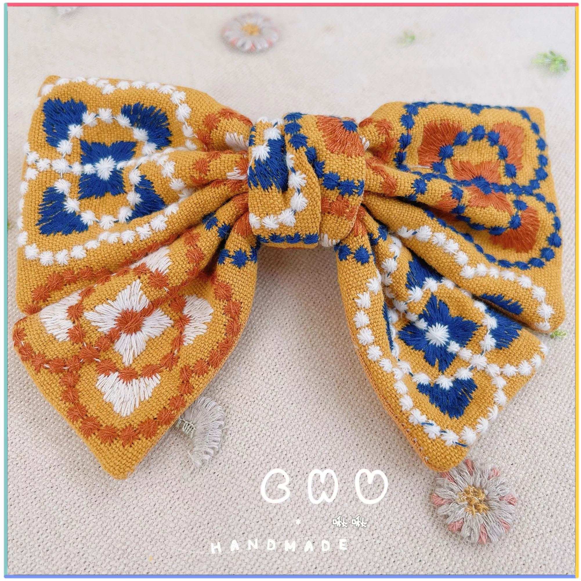 刺繡款｜花磚 (黃色)｜彈簧髮夾