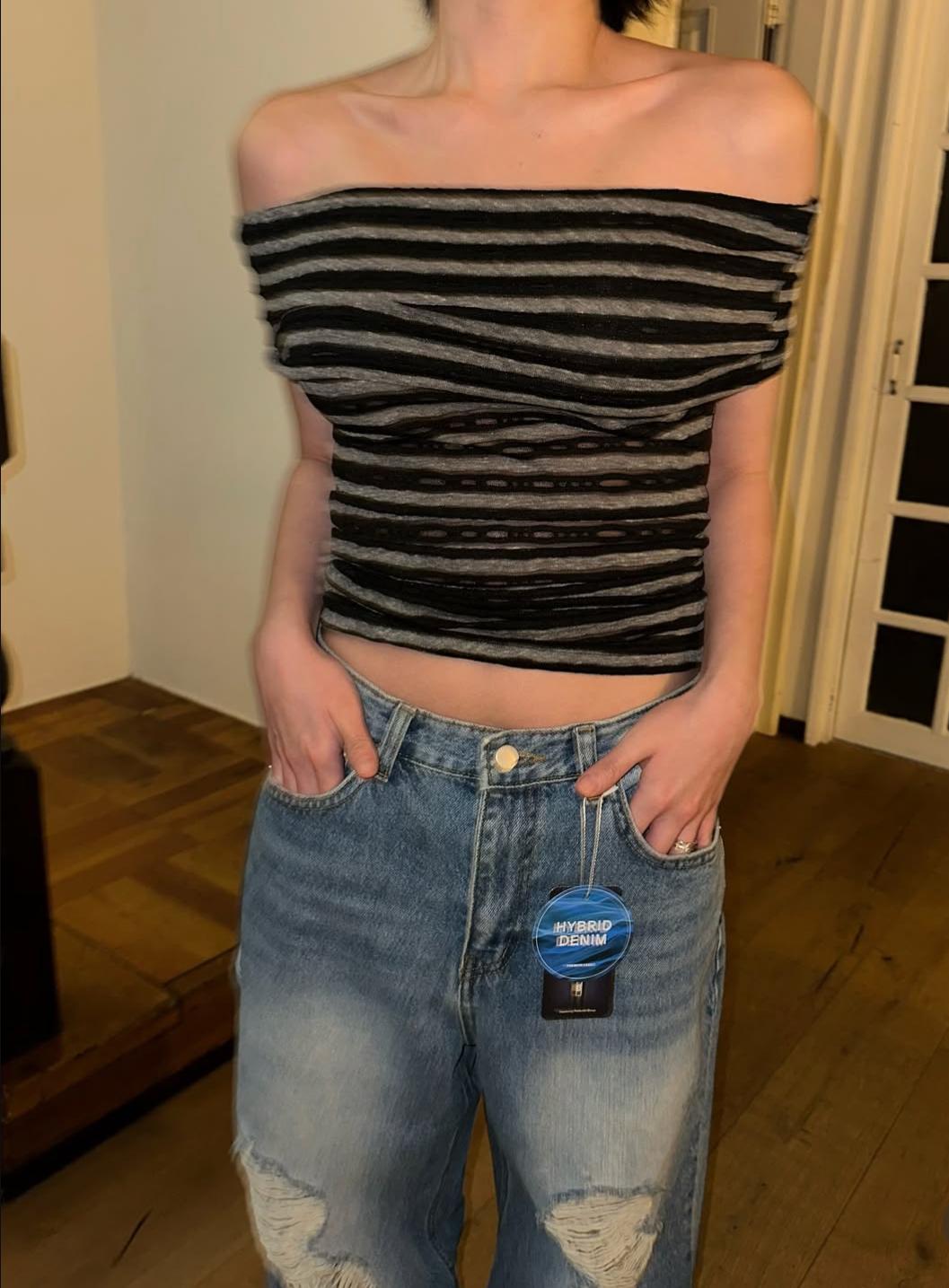See through striped shoulder(2color)