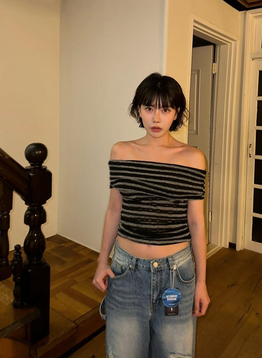 See through striped shoulder(2color)