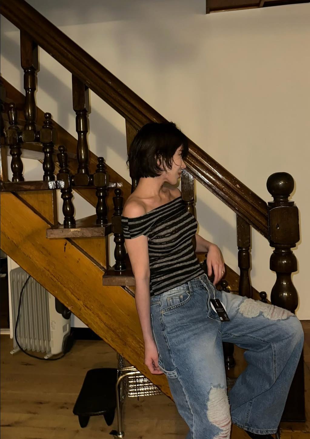 See through striped shoulder(2color)