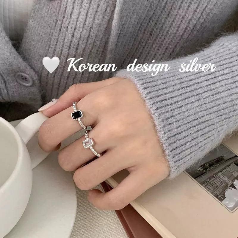 韓國設計-黑白鋯石珠珠開口戒