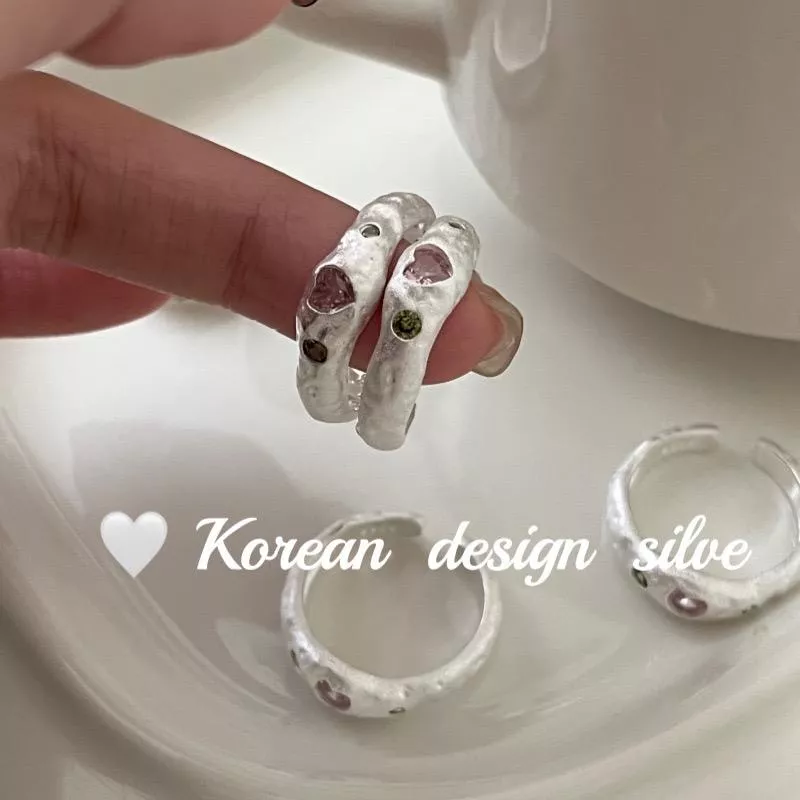 韓國設計-肌理紋粉愛心鋯石戒指