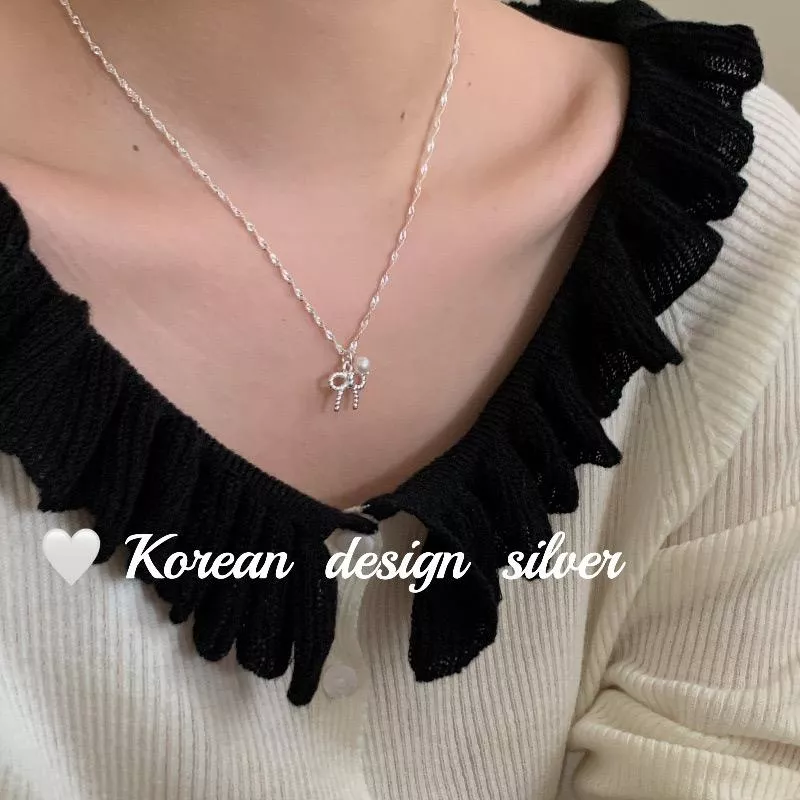 韓國設計-鏤空麻花蝴蝶結珍珠項鍊